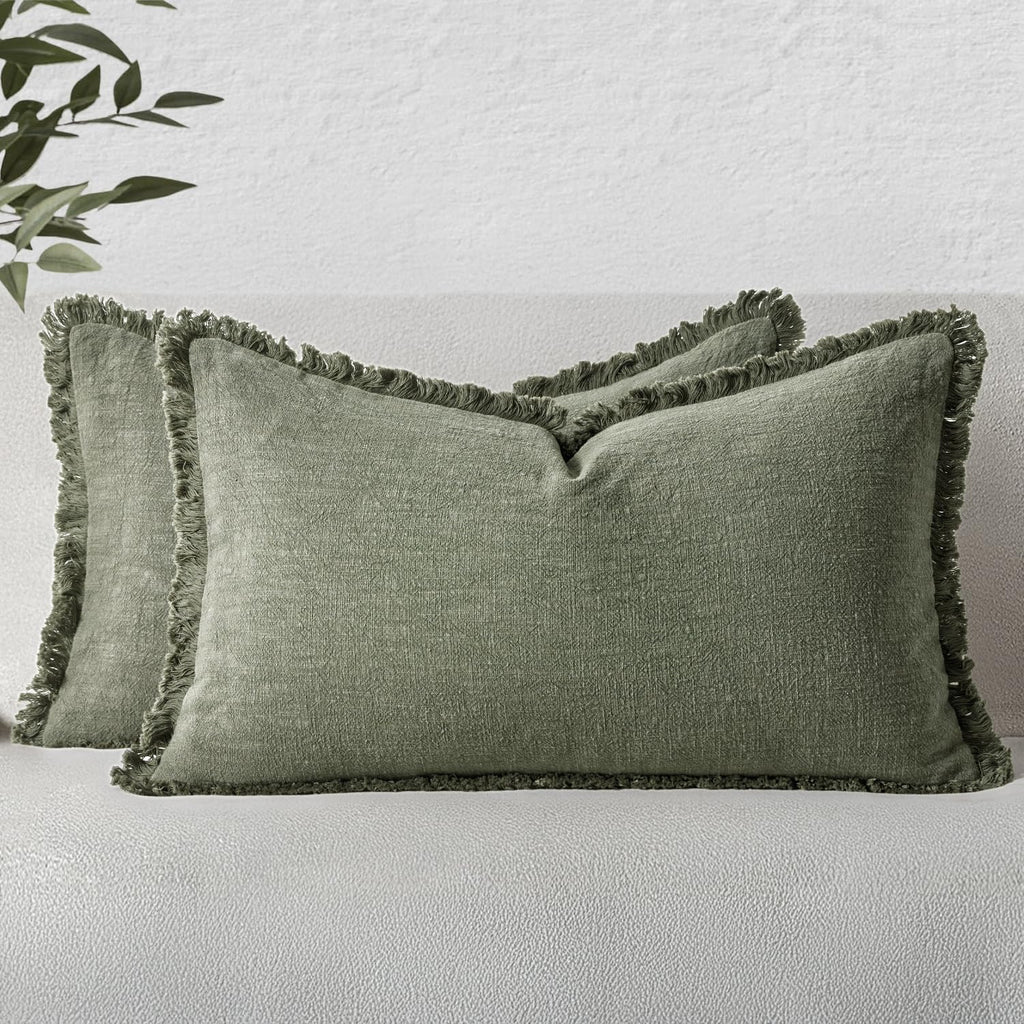 MIULEE Linen Fringe Decorative Throw Pillow Covers Natural Beige 20x20