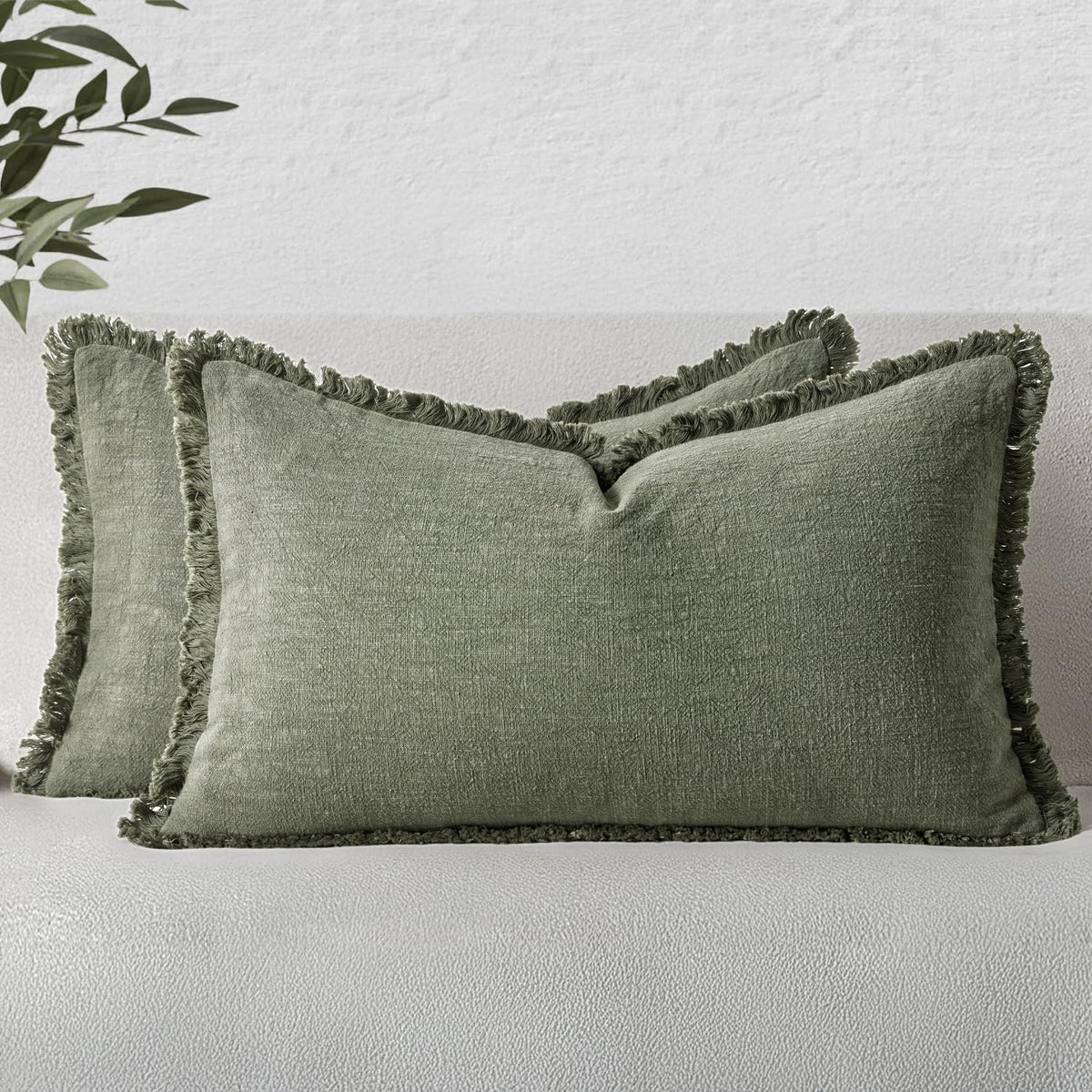 MIULEE Linen Fringe Decorative Throw Pillow Covers Natural Beige 20x20