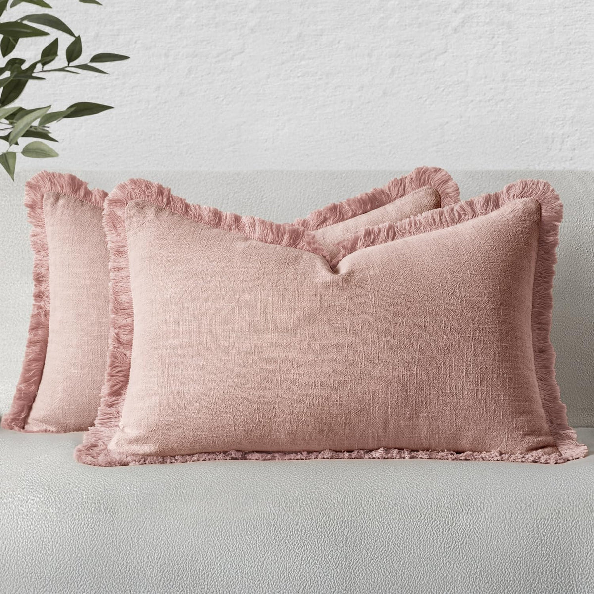 MIULEE Linen Fringe Decorative Throw Pillow Covers Natural Beige 20x20