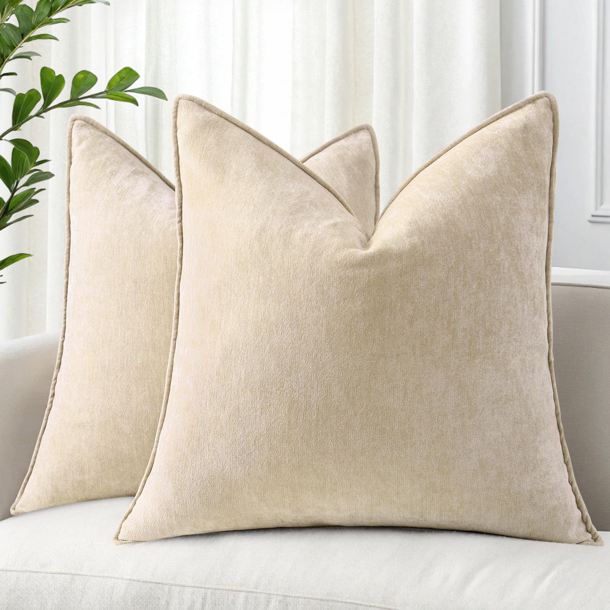 decorUhome Chenille Beige Velvet Throw Pillow Covers 18x18 Set of 2