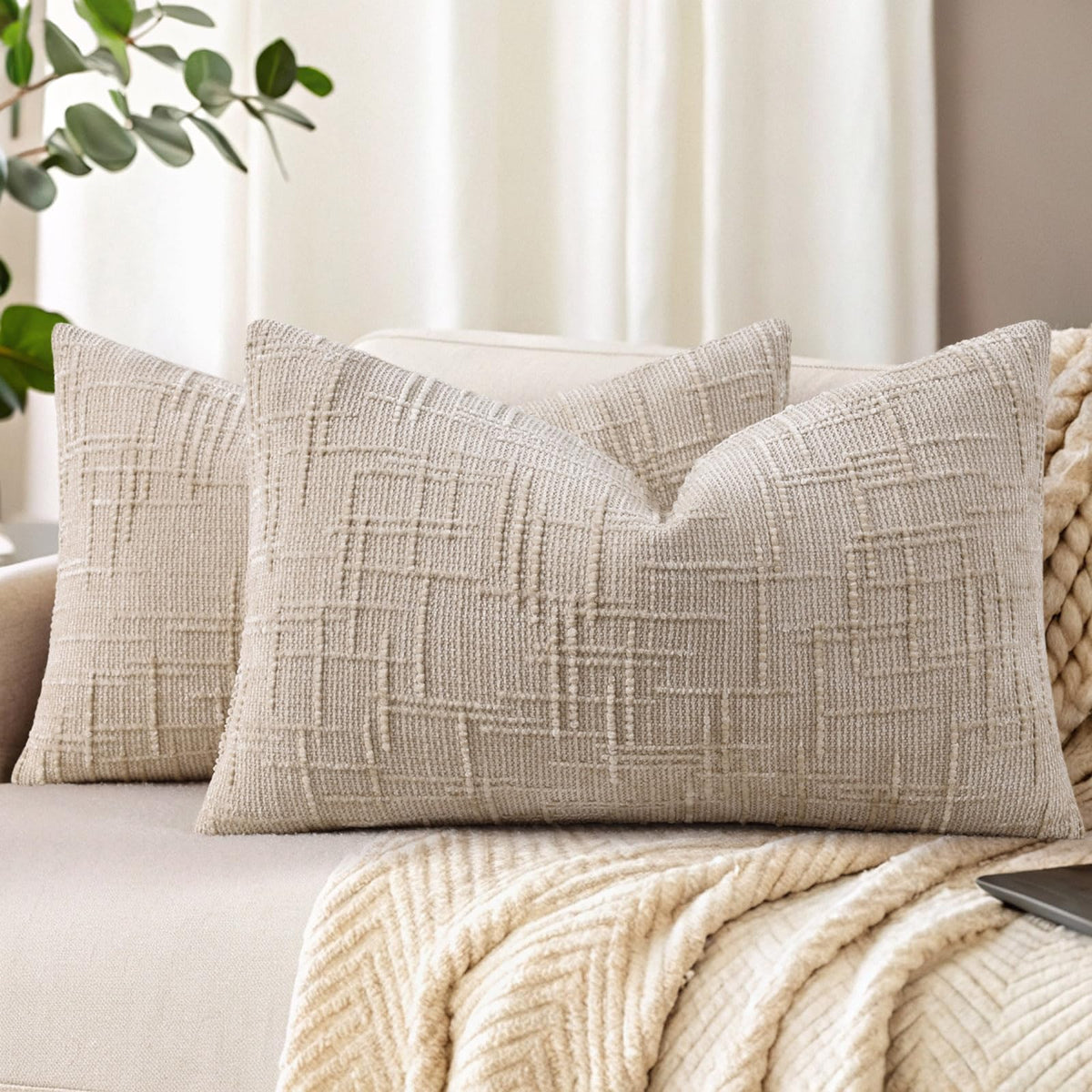 decorUhome Textured Chenille Throw Pillow Covers 18x18 Set of 2 Cream White