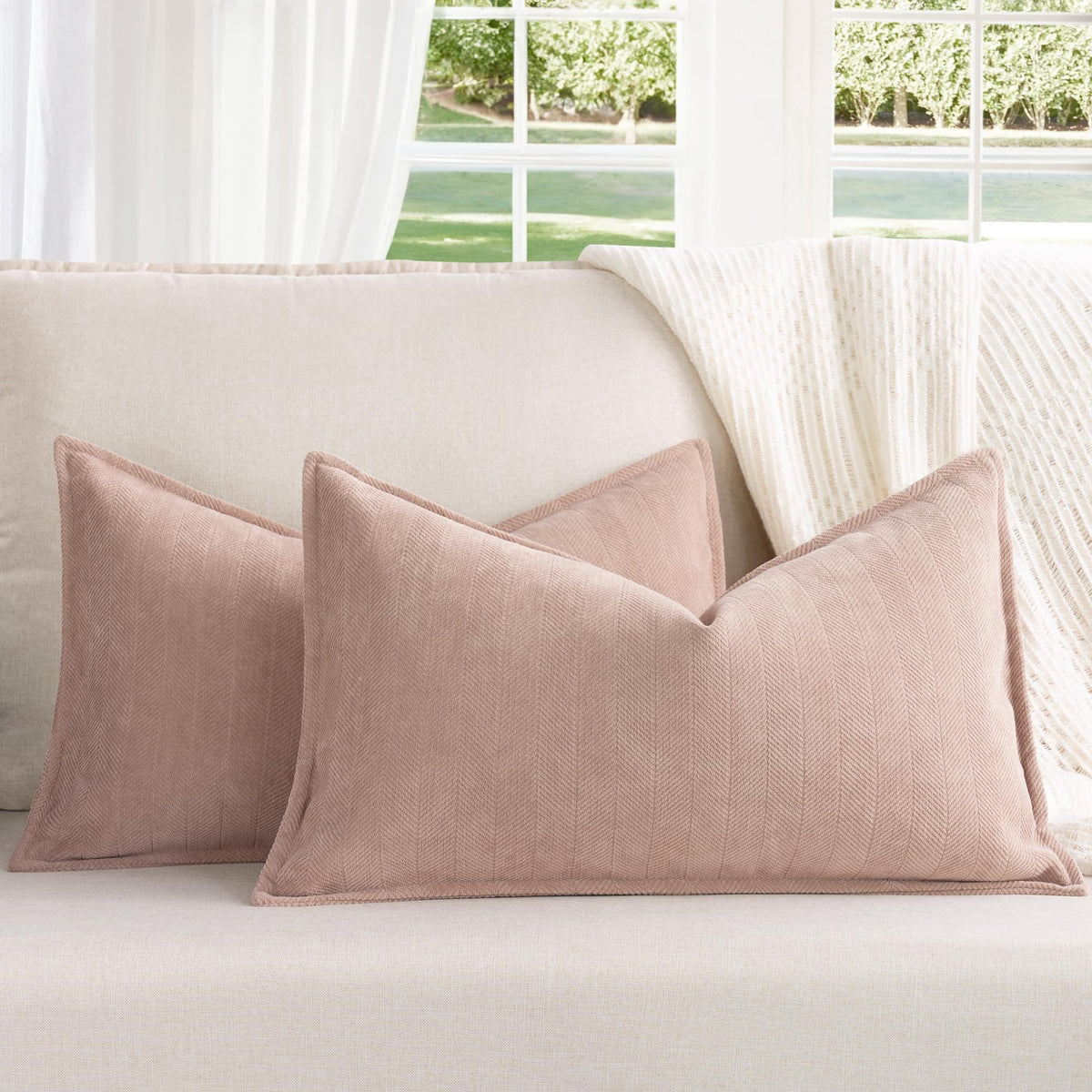 ZWJD Beige Pillow Covers 20x20 Set of 2 Chenille Throw Pillow Covers with Elegant Design Soft and Luxurious Decorative Throw Pillows for Couch, Bed, and Home Decor