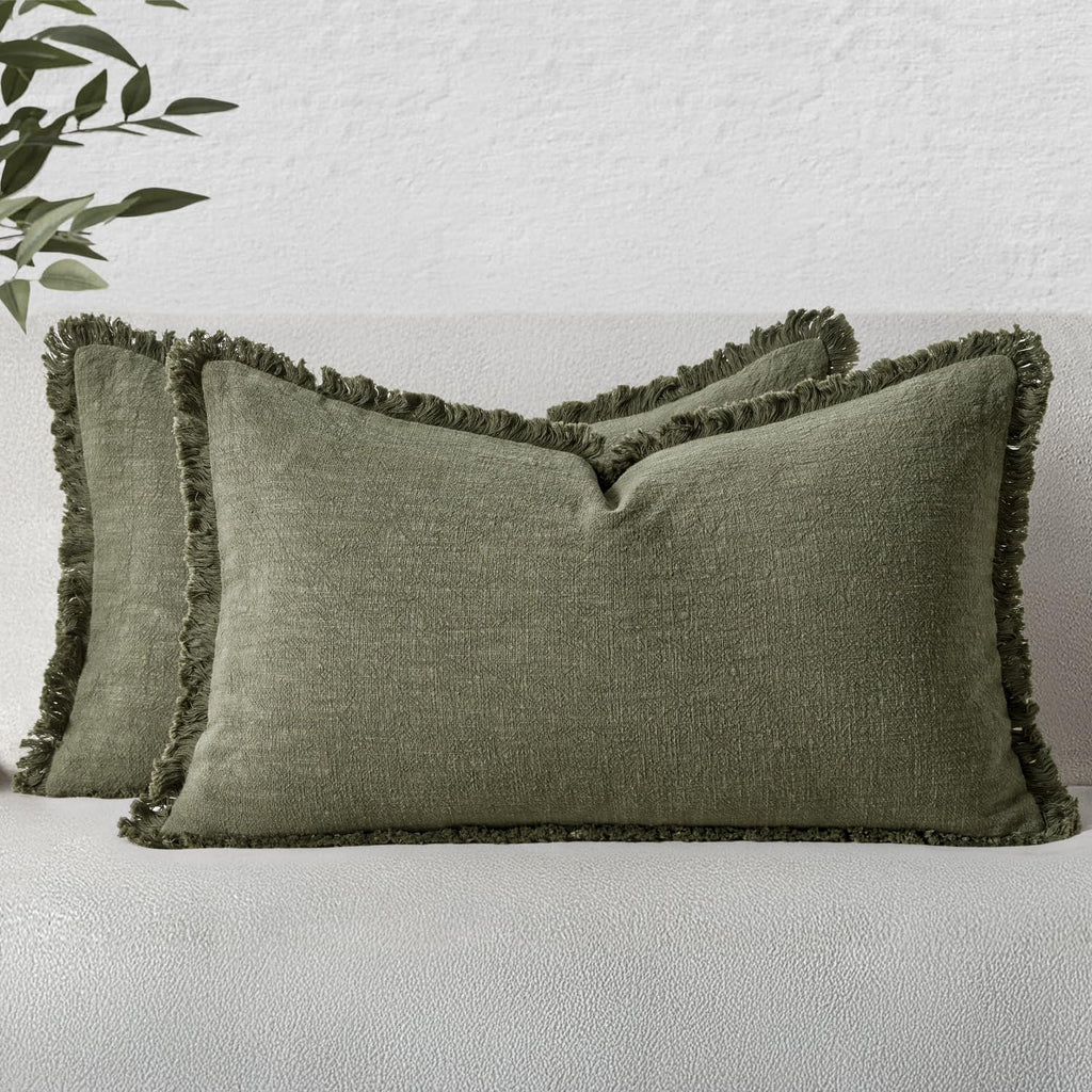 MIULEE Linen Fringe Decorative Throw Pillow Covers Natural Beige 20x20