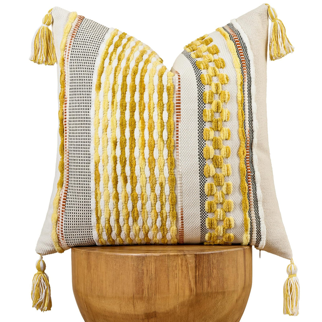 AmHoo Set of 2 Chenille Striped Textured Boho Throw Pillow Covers Aesthetic with Tassels Woven Decorative Pillow Case for Couch Bed Sofa Bedroom Modern Funky 18 x 18-Inch Brown
