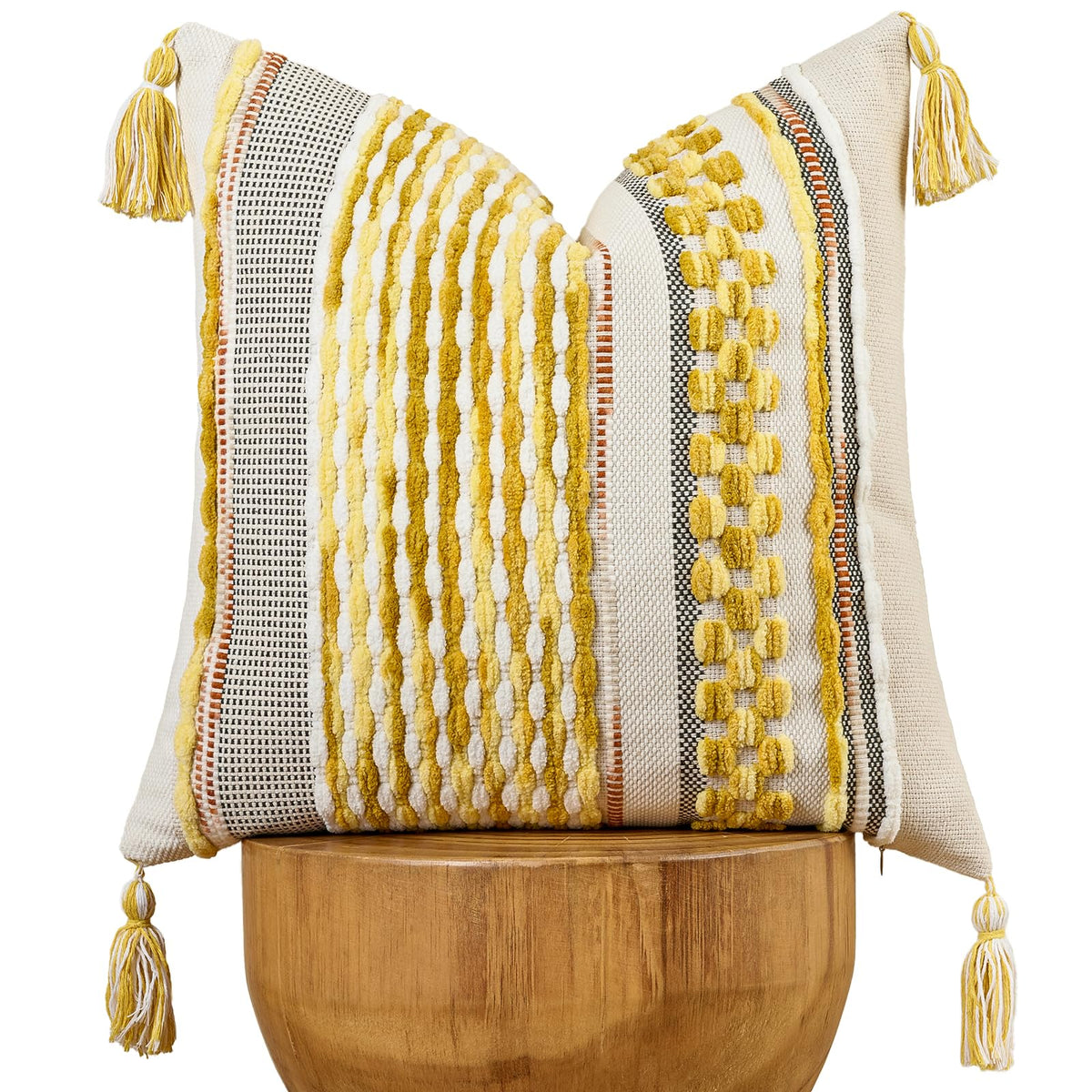 AmHoo Set of 2 Chenille Striped Textured Boho Throw Pillow Covers Aesthetic with Tassels Woven Decorative Pillow Case for Couch Bed Sofa Bedroom Modern Funky 18 x 18-Inch Brown
