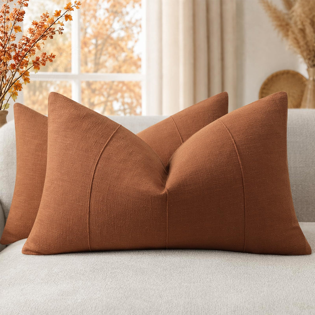 Decorative Linen Throw Pillow Covers 18x18 Set of 2 Solid handcrafted Striped Cushion Covers for Bed Soft Modern Farmhouse Neutral Pillowcase for Couch Bedroom Living Room Home Decor(Natural Beige)