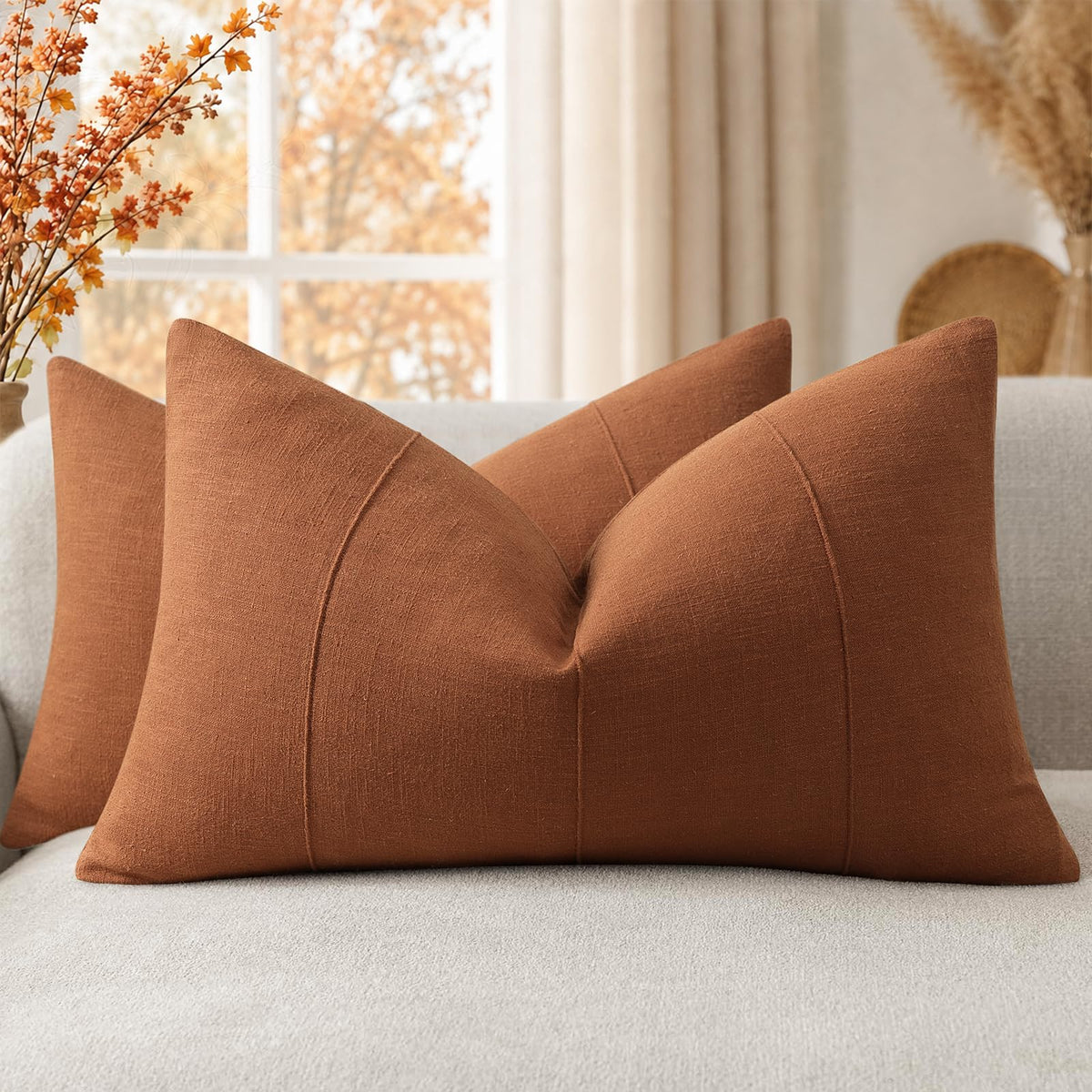 Decorative Linen Throw Pillow Covers 18x18 Set of 2 Solid handcrafted Striped Cushion Covers for Bed Soft Modern Farmhouse Neutral Pillowcase for Couch Bedroom Living Room Home Decor(Natural Beige)