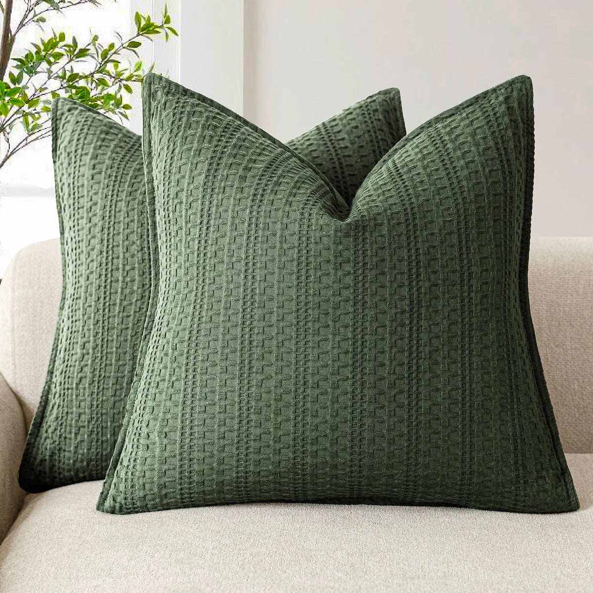Foindtower Set of 2 Decorative Cotton Waffle Weave Textured Throw Pillow Covers Euro Sham Cushion Covers Accent European Pillowcase For Bed Couch Sofa Bedroom Living Room Home Decor 18×18 Inch Oatmeal