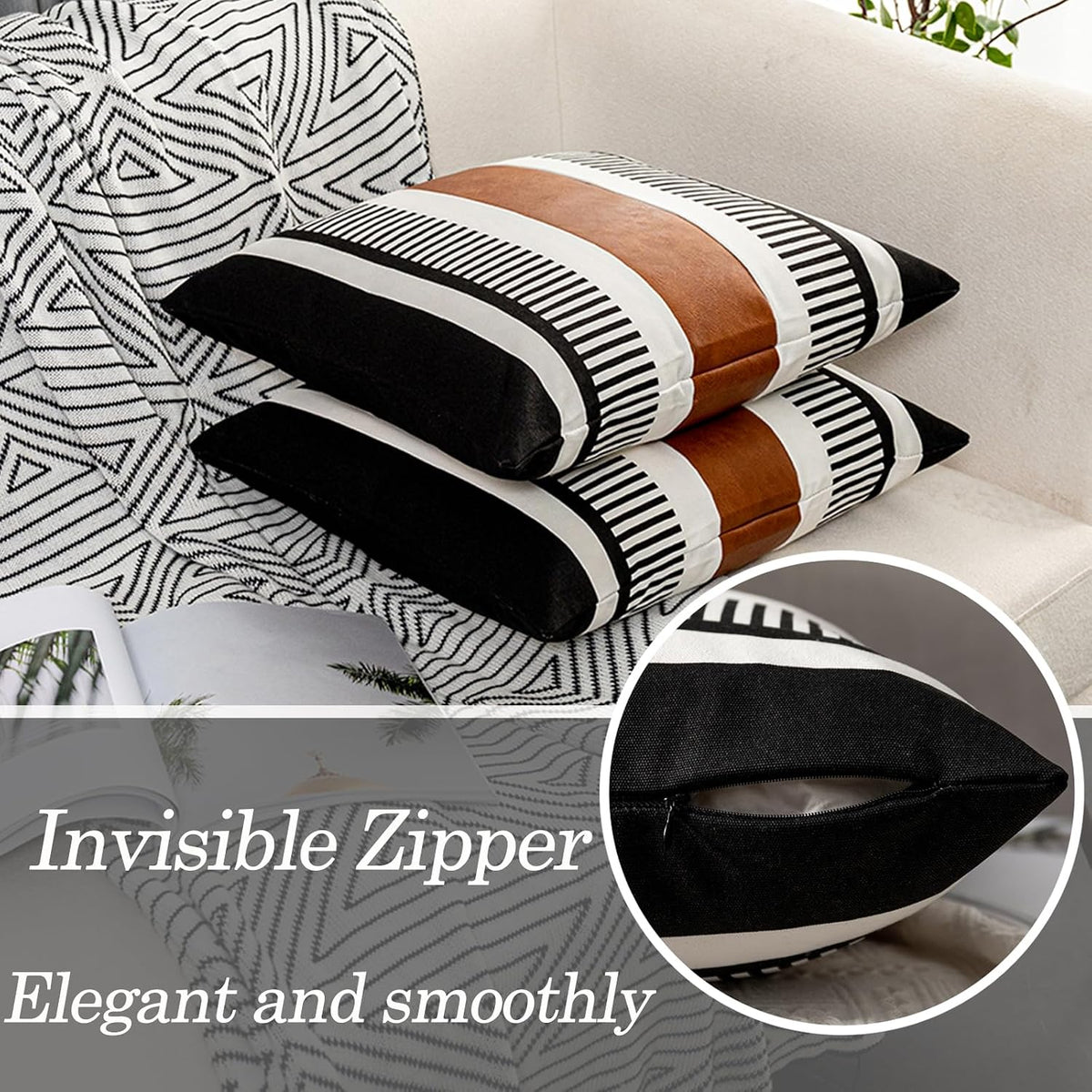 Decorative Striped Throw Pillow Cover 20x20 Inch Black White & Brown