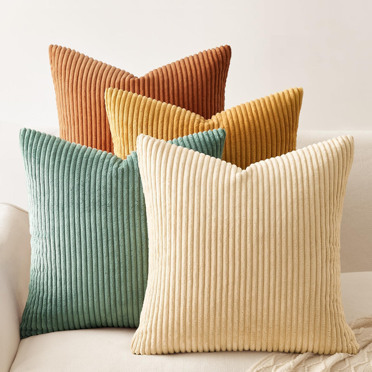 Topfinel Fall Burnt Orange Decorative Throw Pillows Covers 18x18 Inch Set of 4,Yellow Green Gradient Series Corduroy Striped Square Pillow Case,Western Modern Cushion Cover for Couch Sofa Bedroom