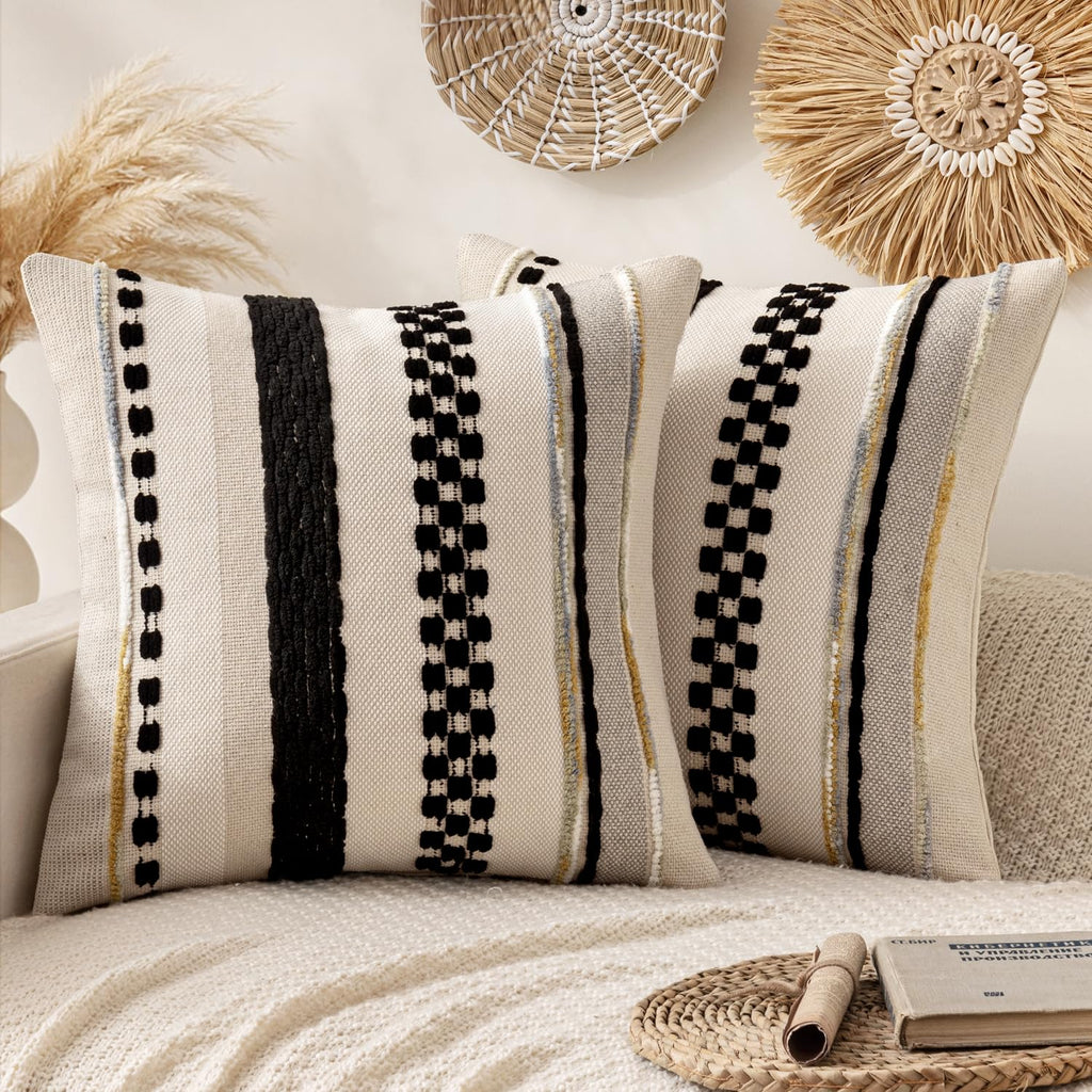 ANRODUO Boho Decorative Pillow Covers Olive Green Stripe 18x18 Pack of 2
