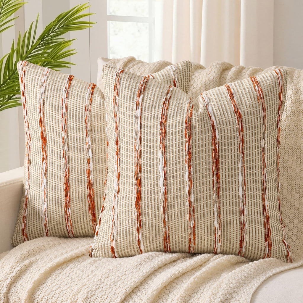 ANRODUO Boho Decorative Pillow Covers Olive Green Stripe 18x18 Pack of 2