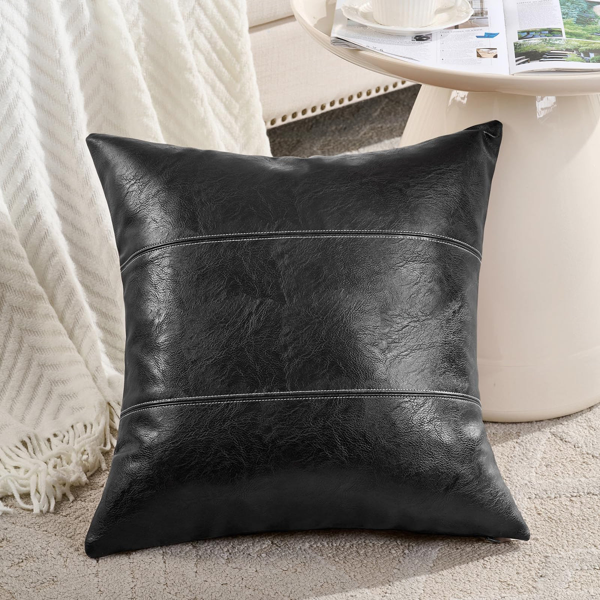 Fancy Homi Brown Boho Long Lumbar Faux Leather Body Decorative Throw Pillow Cover 14x36 Inch for Bedroom Couch Bed Sofa Bench, Hand Stitched Stylish Pillowcase, Rustic Modern Farmhouse Room Decor