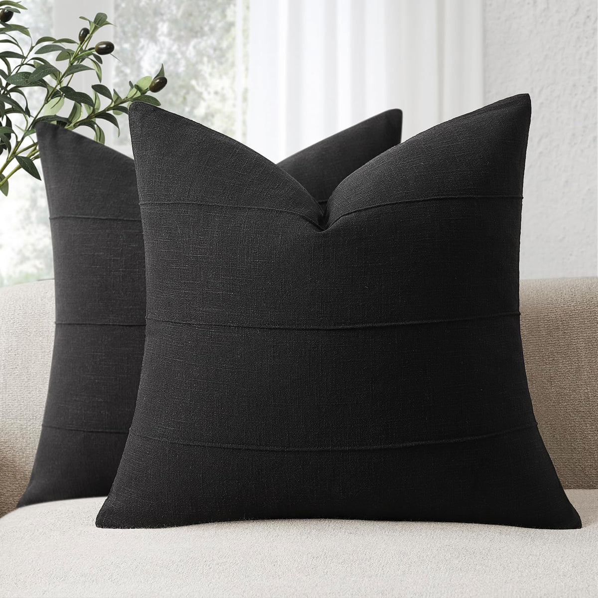 Decorative Linen Throw Pillow Covers 18x18 Set of 2 Solid handcrafted Striped Cushion Covers for Bed Soft Modern Farmhouse Neutral Pillowcase for Couch Bedroom Living Room Home Decor(Natural Beige)