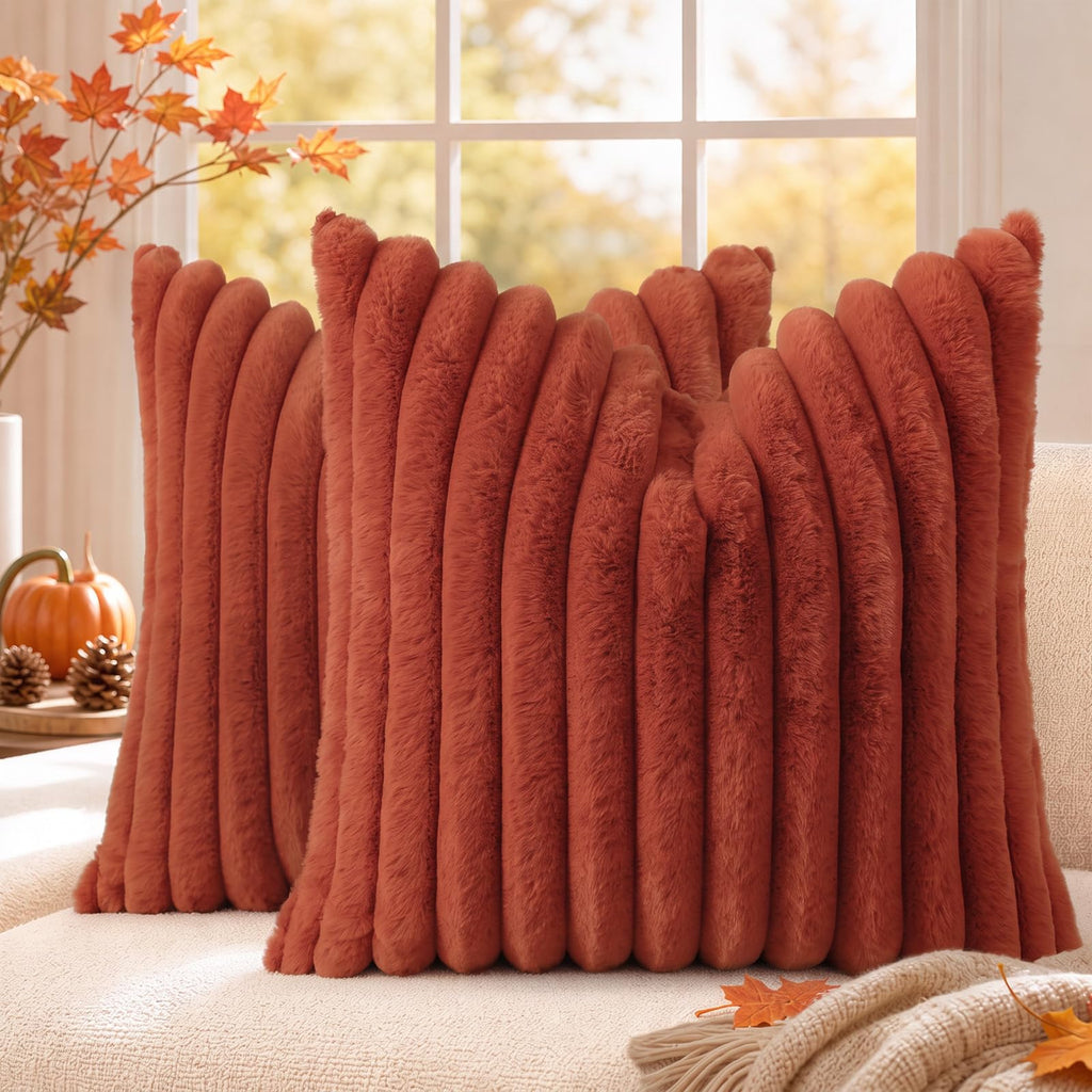 decorUhome Fall Faux Fur Throw Pillow Covers 18x18 Set of 2 Rust