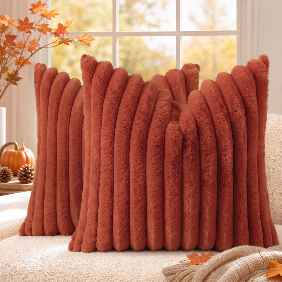 decorUhome Fall Faux Fur Throw Pillow Covers 18x18 Set of 2 Rust