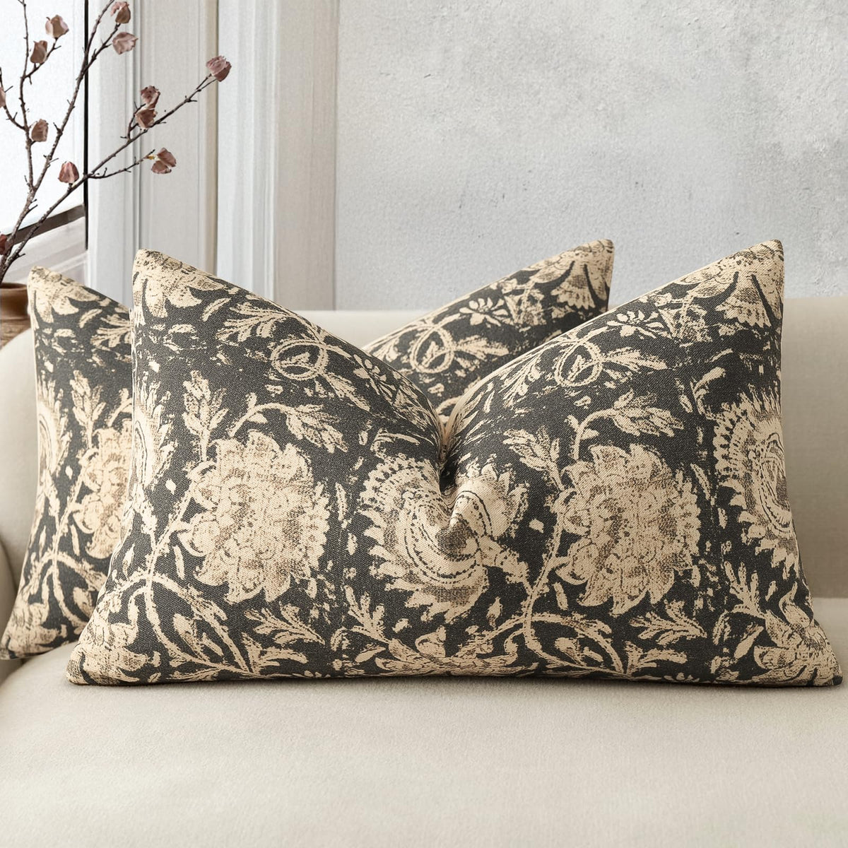 Vintage Floral Print Throw Pillow Covers 20x20 Set of 2 Neutral Modern Farmhouse Pillowcase Accent Decorative Cushion Covers Boho Home Decor for Couch Sofa Chair Bed Living Room, Olive Green