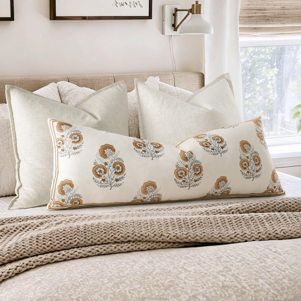 Vintage Floral 14x36 Lumbar Pillow Cover for Bed Pack of 1, Double-Sided Botanical Print Decorative Long Pillowcase Farmhouse Cushion Cover for Sofa Couch Living Bed Room, Sage Green (Cover Only)