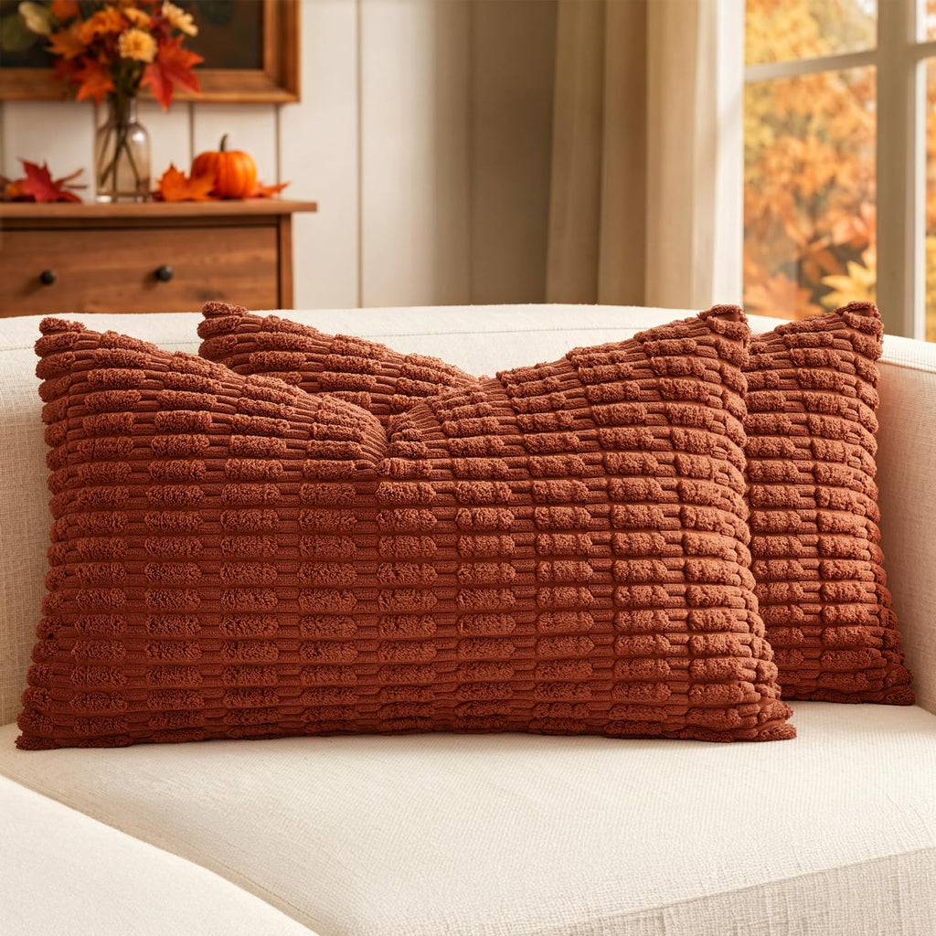 MIULEE Fall Corduroy Decorative Throw Pillow Covers 18x18 Rust Pack of 2