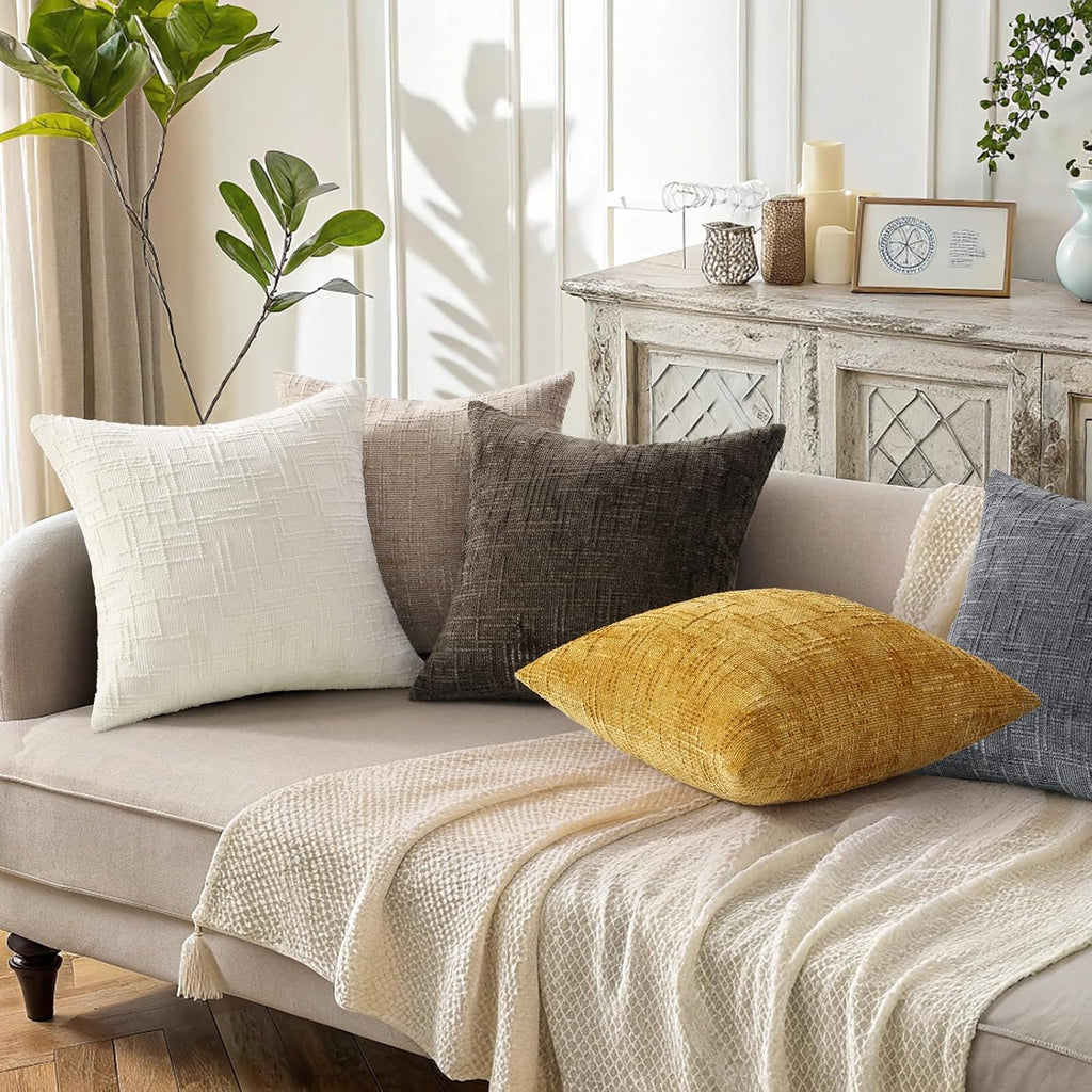 decorUhome Textured Chenille Throw Pillow Covers 18x18 Set of 2 Cream White