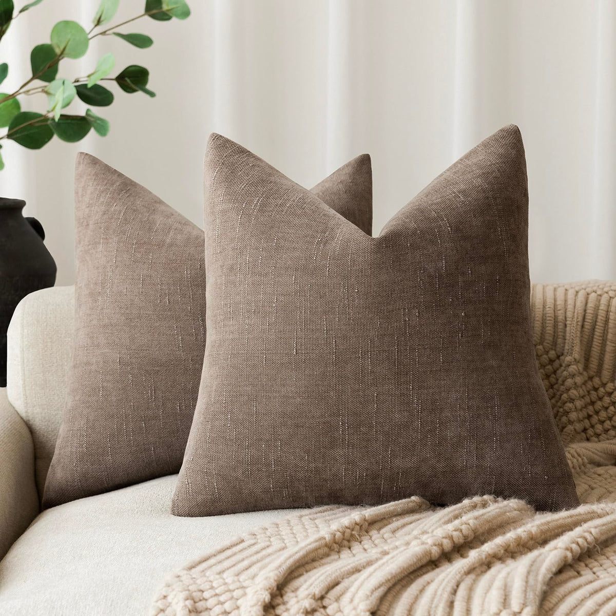 Foindtower Solid Textured Chenille Throw Pillow Covers 20x20 Inch,Taupe