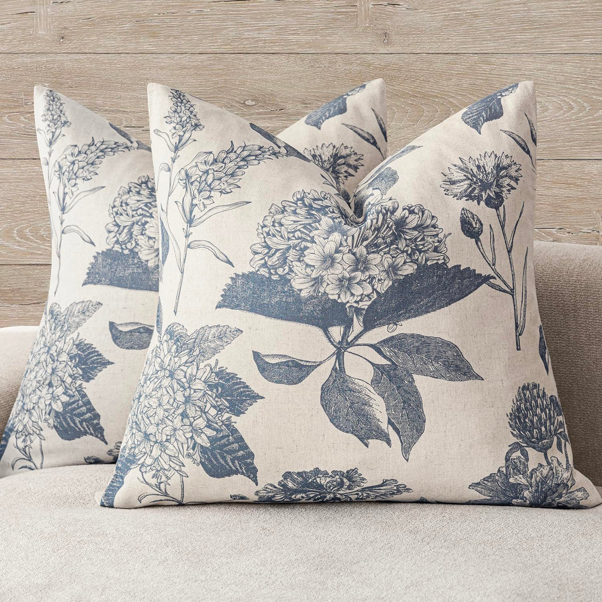 Foindtower Set of 2 Linen Floral Vintage Throw Pillow Covers Neutral Accent Print Decorative Cozy Cushion Covers Farmhouse Boho Home Decor for Sofa Chair Couch Bed Living Room,18×18 Inch,Navy Blue