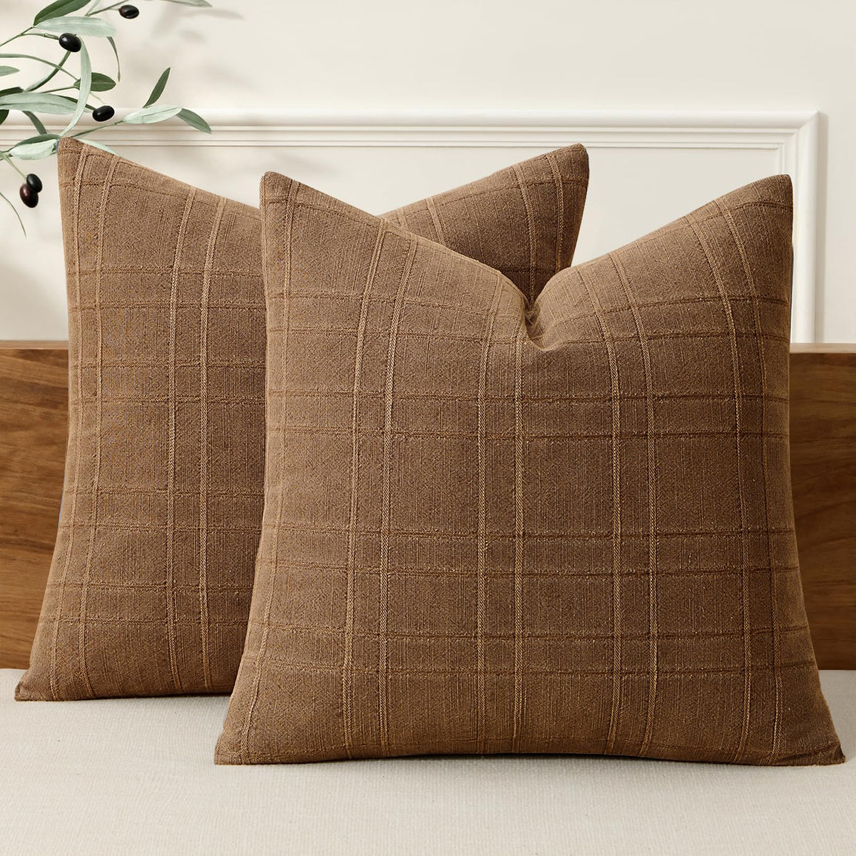 MIULEE Linen Plaid Pillow Covers Decorative 20x20 Natural Beige