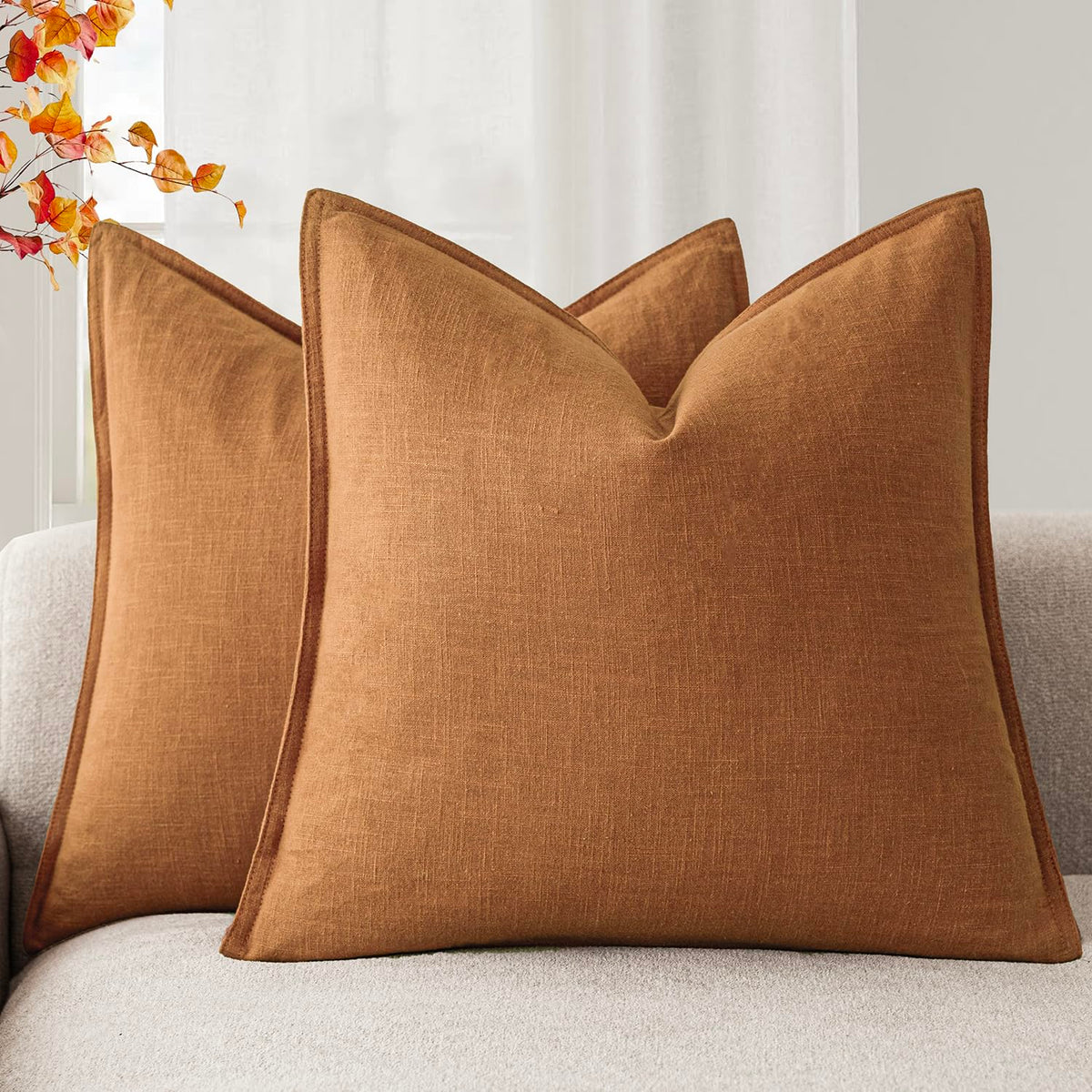 Foindtower Linen Solid Decorative Throw Pillow Covers 20x20 Natural Beige