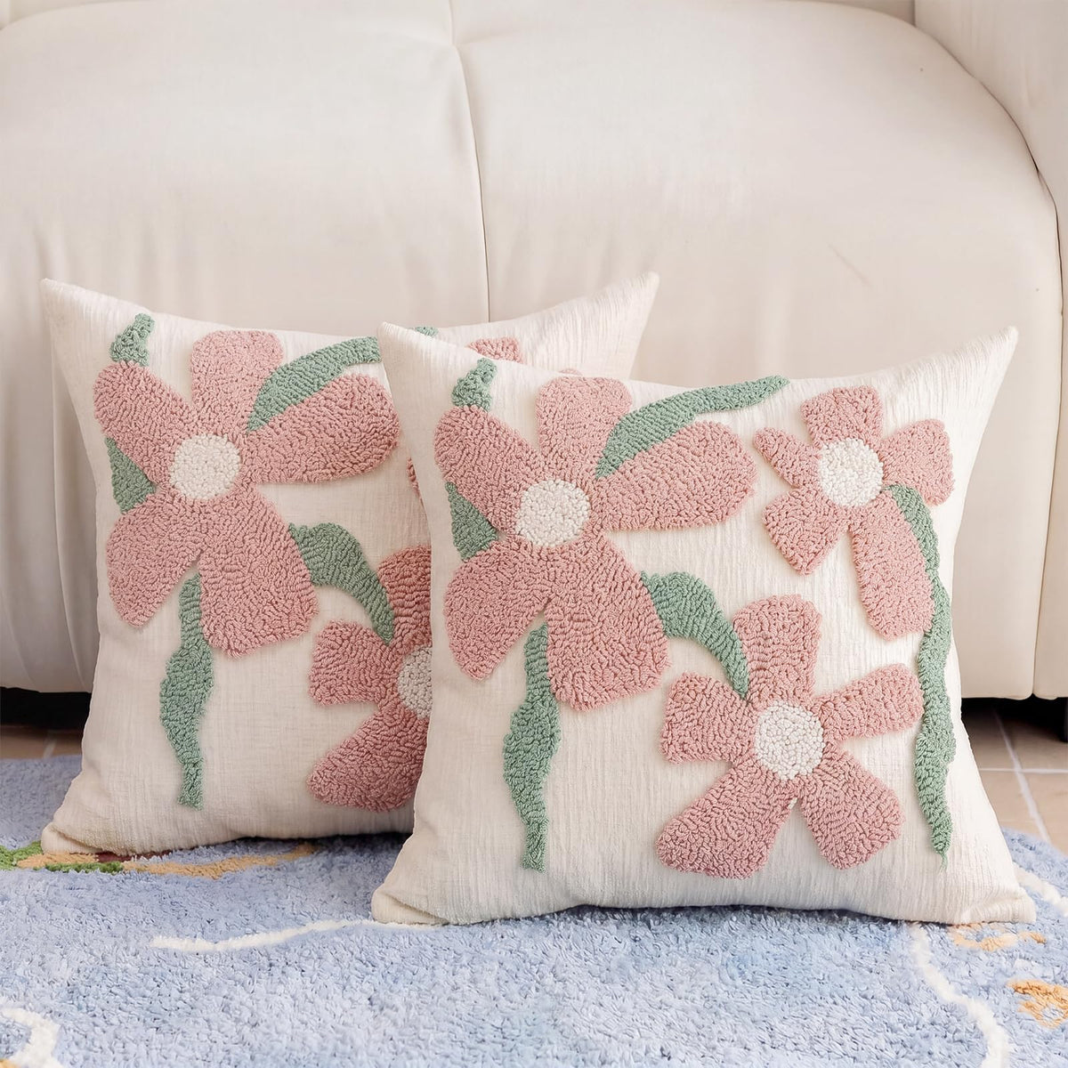 Premium Chenille Embroidered Throw Pillow Covers 18x18 Set of 2, Thick 3D Tufted Pink Floral Decorative Cushion Covers with Hidden Zipper for Couch Sofa Bed Living Room Boho Home Decor