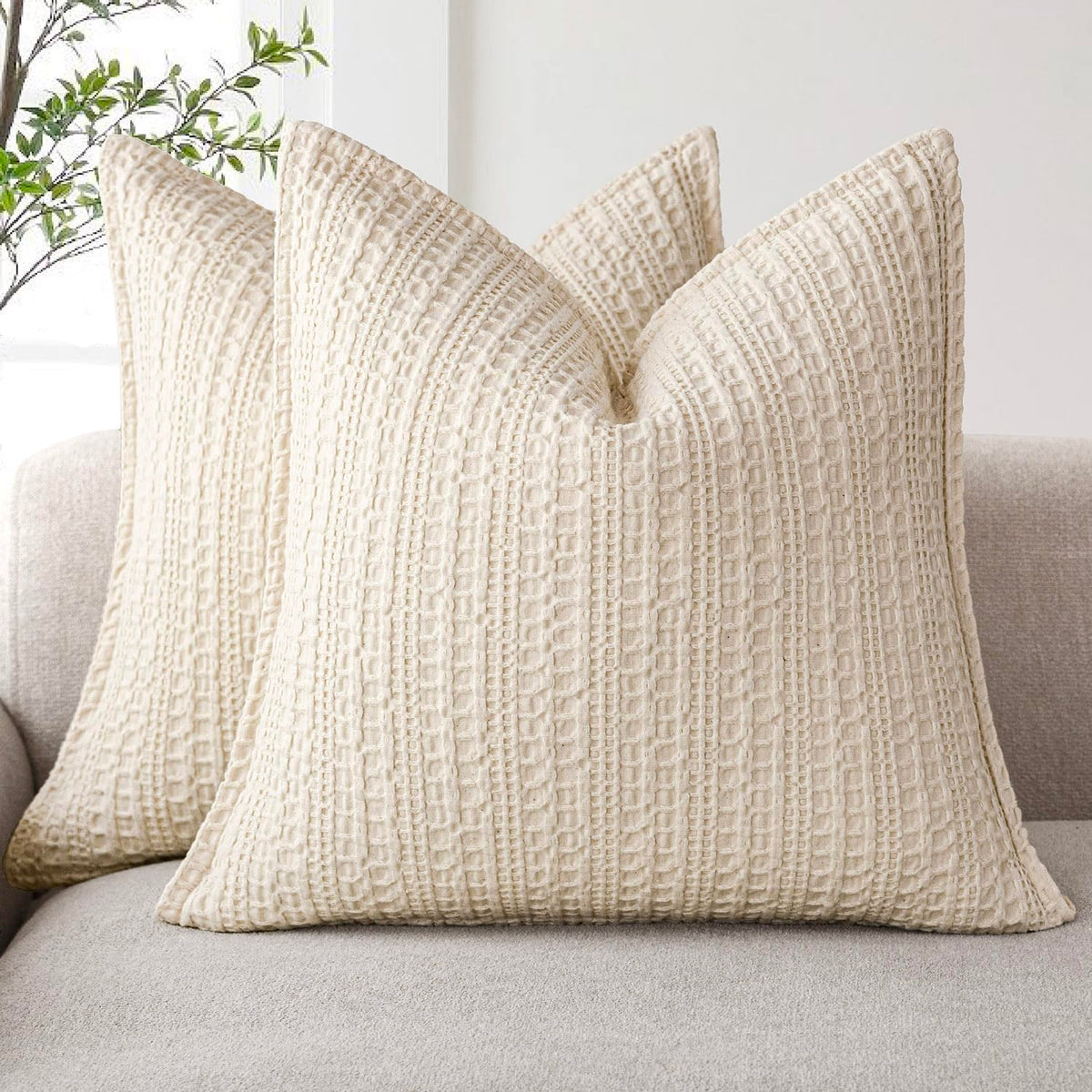 Foindtower Set of 2 Decorative Cotton Waffle Weave Textured Throw Pillow Covers Euro Sham Cushion Covers Accent European Pillowcase For Bed Couch Sofa Bedroom Living Room Home Decor 18×18 Inch Oatmeal