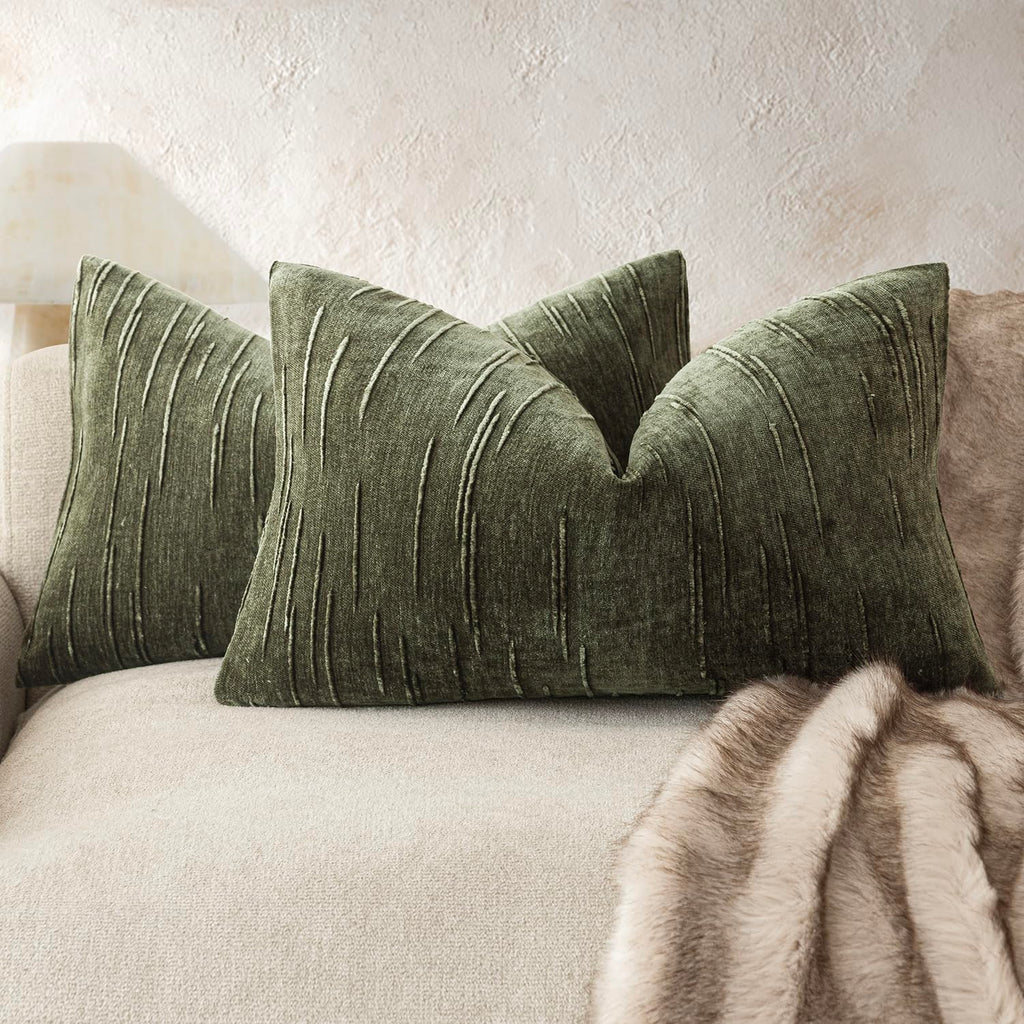 Foindtower Pack of 2 Slubby Textured Chenille Throw Decorative Pillow Covers Square Accent Solid Cushion Cover Neutral Farmhouse Pillow Case for Sofa Bedroom Living Room 18x18 Inch,Dark Olive Green
