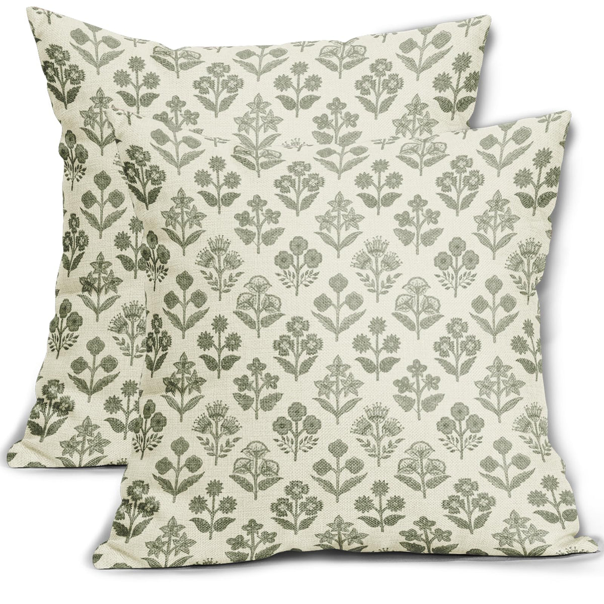 Blue Green Block Print Pillow Covers 18x18 Inch Set of 2, Vintage Floral Spring Decorative Throw Pillow Cases Boho Cushion Covers Rustic Decoration Gift Farmhouse Sofa Couch Bed Decor