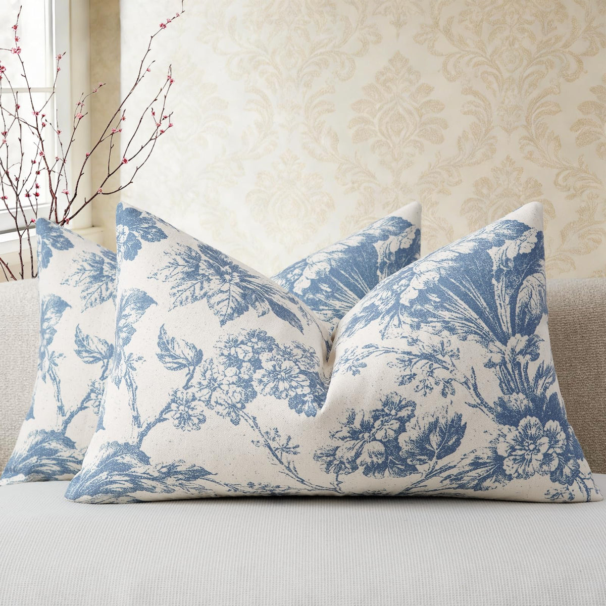 Buenohuas Farmhouse Decorative Pillow Covers 18x18 Set of 2, Vintage Botanical Floral Patterned Cushion Covers for Sofa Couch Chair Bed Living Room Home Decor Accents, Olive Green