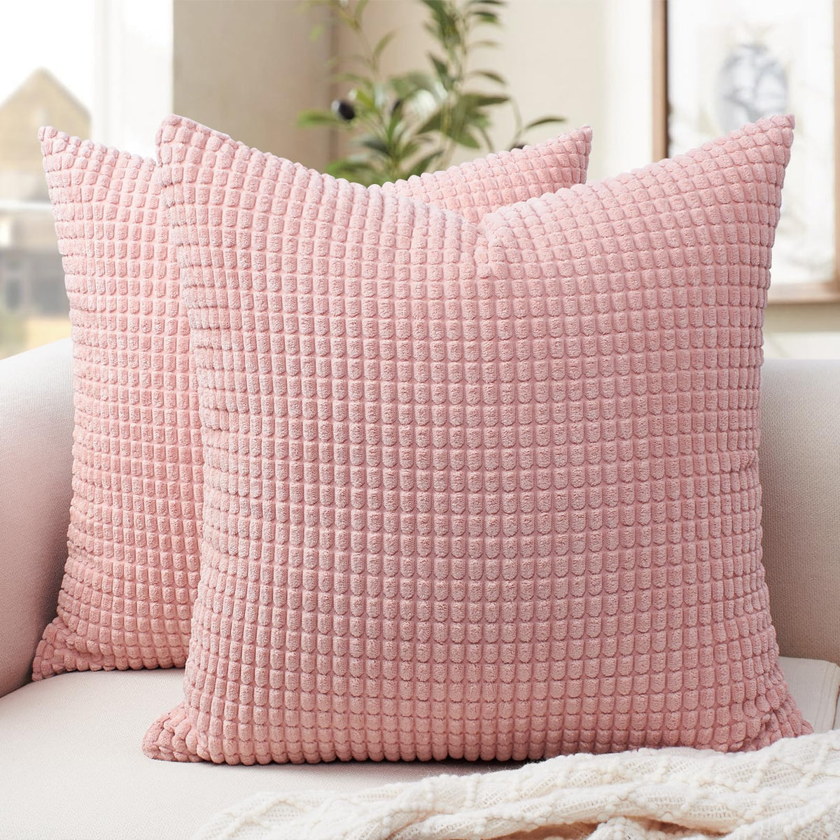 Softalker Corduroy Decorative Throw Pillow Covers 18x18, Set of 2, Beige
