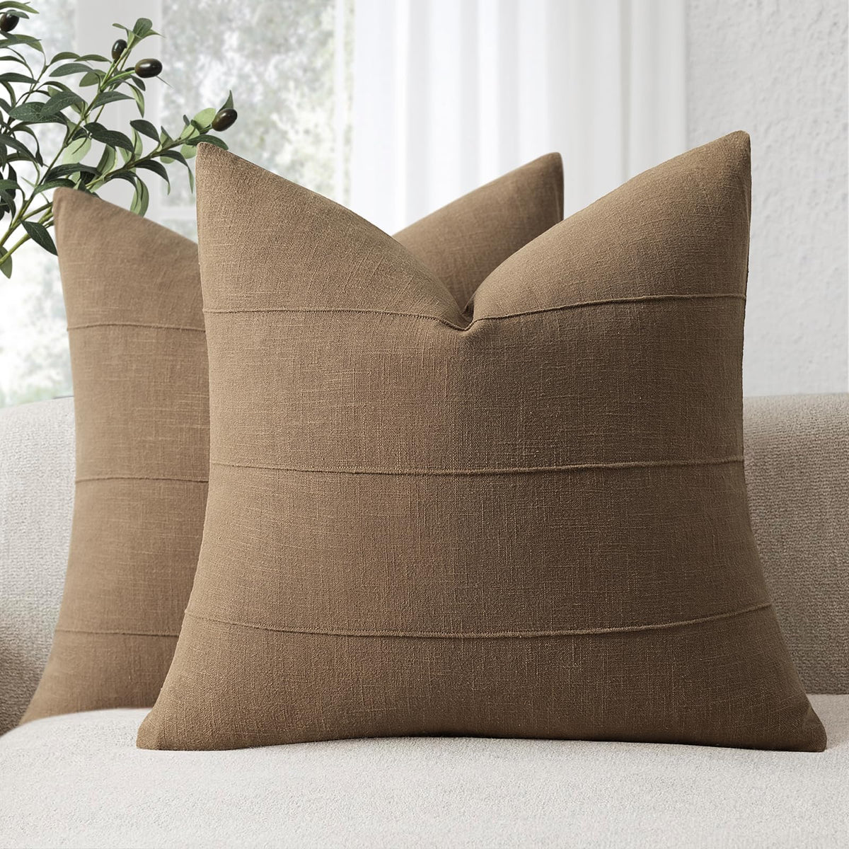 Decorative Linen Throw Pillow Covers 18x18 Set of 2 Solid handcrafted Striped Cushion Covers for Bed Soft Modern Farmhouse Neutral Pillowcase for Couch Bedroom Living Room Home Decor(Natural Beige)
