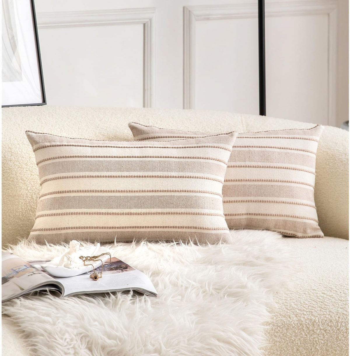 Cethom Decorative Boho Throw Pillow Covers, Farmhouse Textured Pillow Case, 20 x 20 Inch Set of 2, Chair Sofa Bedroom Living Room Home Decor Couch Cushion Case, Classic Blue and Beige Striped