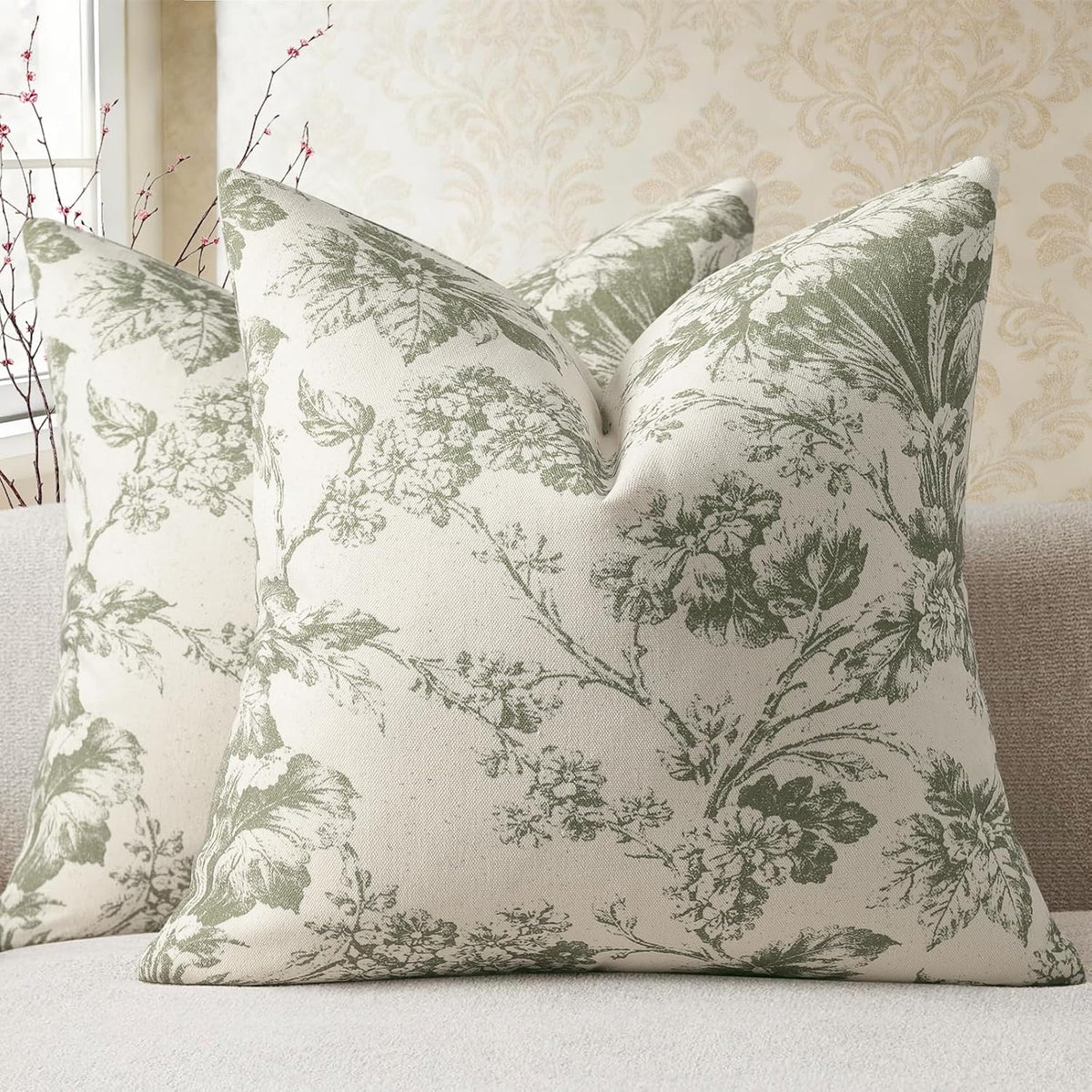Buenohuas Farmhouse Decorative Pillow Covers 18x18 Set of 2, Vintage Botanical Floral Patterned Cushion Covers for Sofa Couch Chair Bed Living Room Home Decor Accents, Olive Green