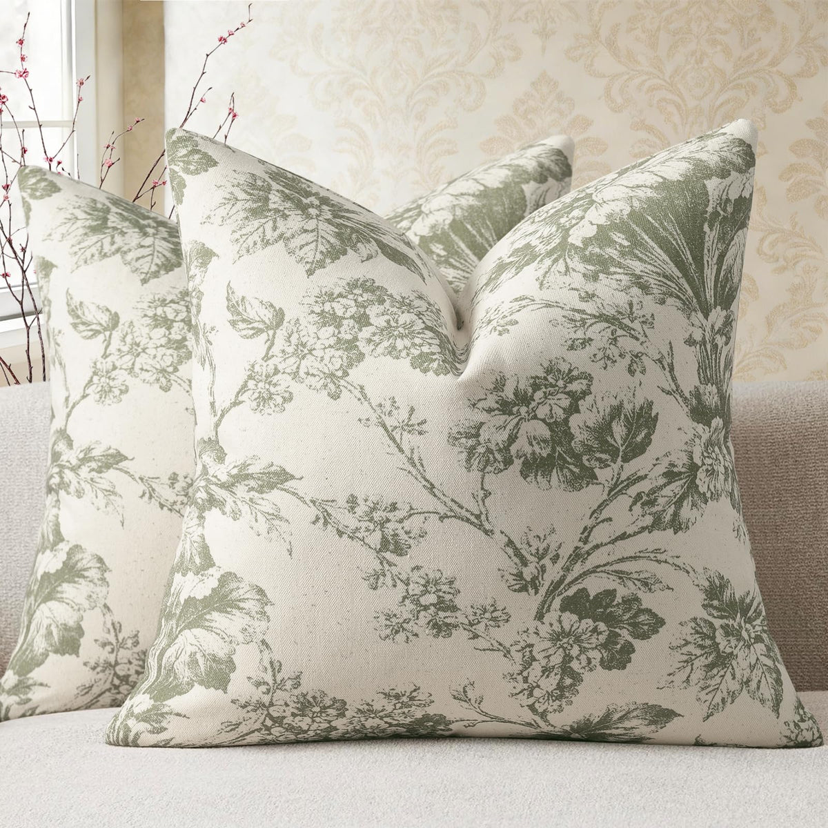 Buenohuas Farmhouse Decorative Pillow Covers 18x18 Set of 2, Vintage Botanical Floral Patterned Cushion Covers for Sofa Couch Chair Bed Living Room Home Decor Accents, Olive Green