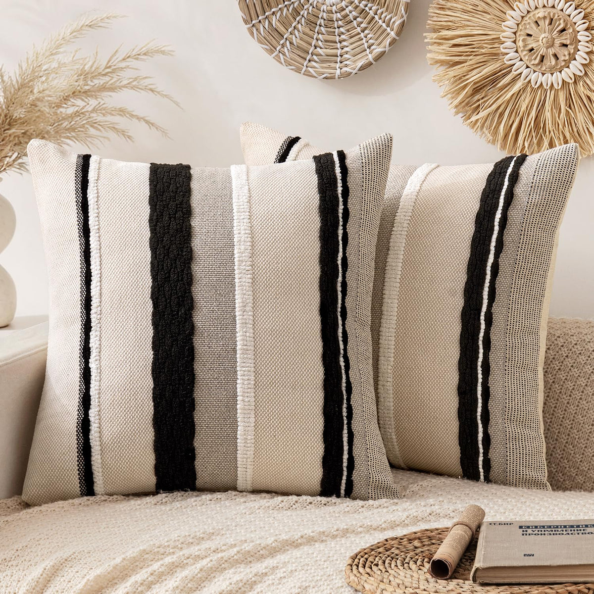 ANRODUO Boho Decorative Pillow Covers Olive Green Stripe 18x18 Pack of 2