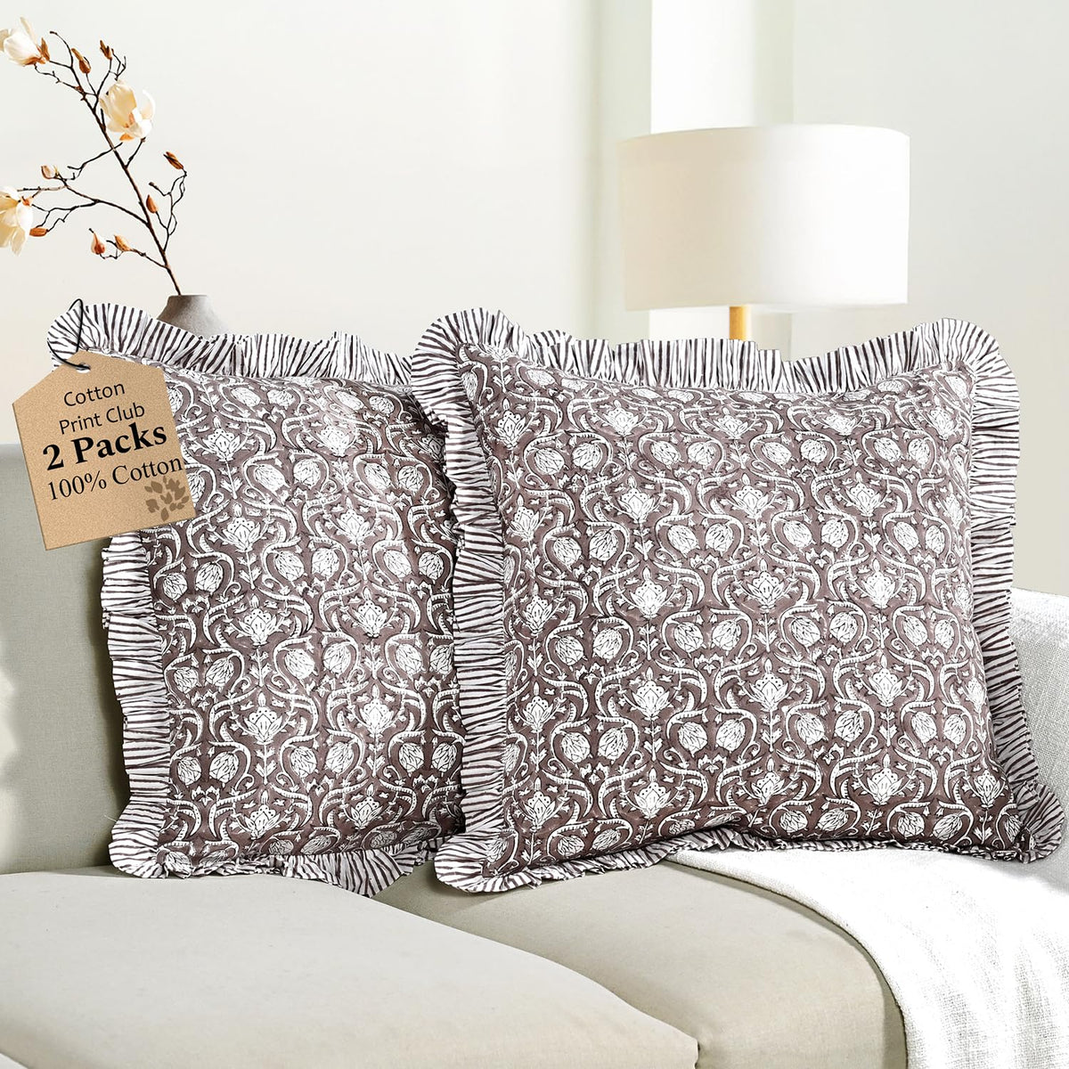 CPC Block Print Ruffle Throw Pillow Cover Emerald Green 20"x20", Pack of 2