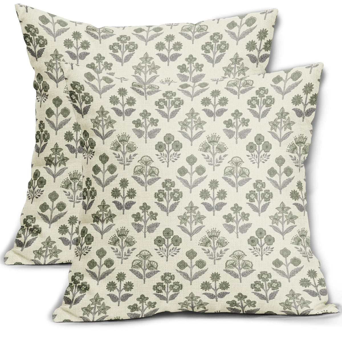 Blue Green Block Print Pillow Covers 18x18 Inch Set of 2, Vintage Floral Spring Decorative Throw Pillow Cases Boho Cushion Covers Rustic Decoration Gift Farmhouse Sofa Couch Bed Decor