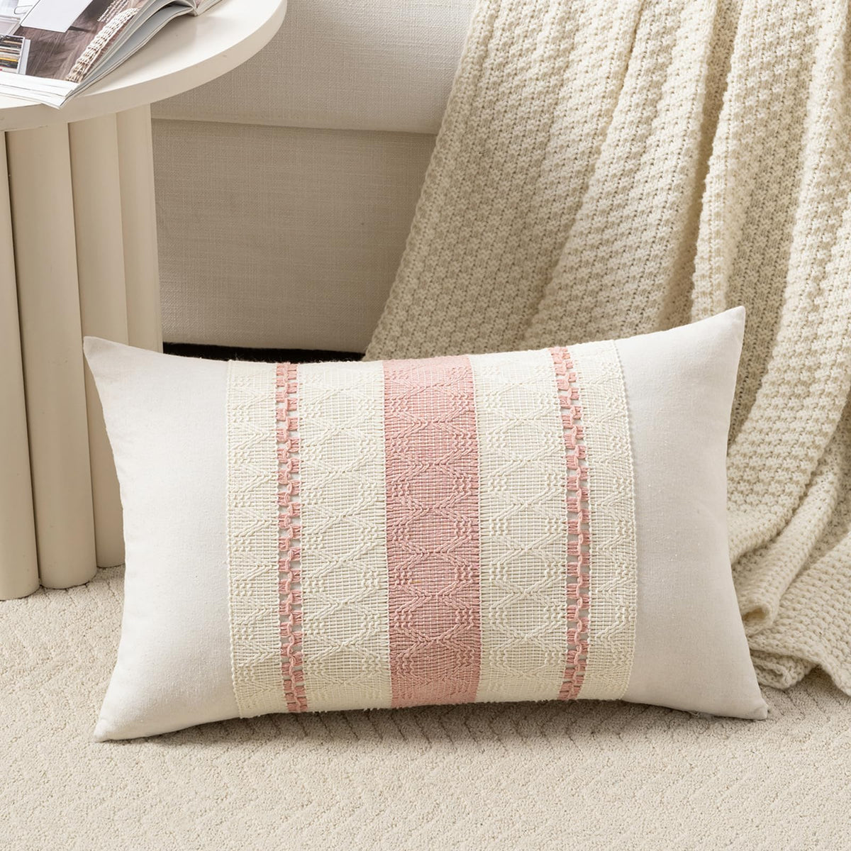 Fancy Homi Set of 1 Sage Green Boho Lumbar Decorative Throw Pillow Covers 12x20 Inch for Living Room Bedroom Couch Bed Chair, Rustic Retro Cushion Case, Bohemian Room Home Decor