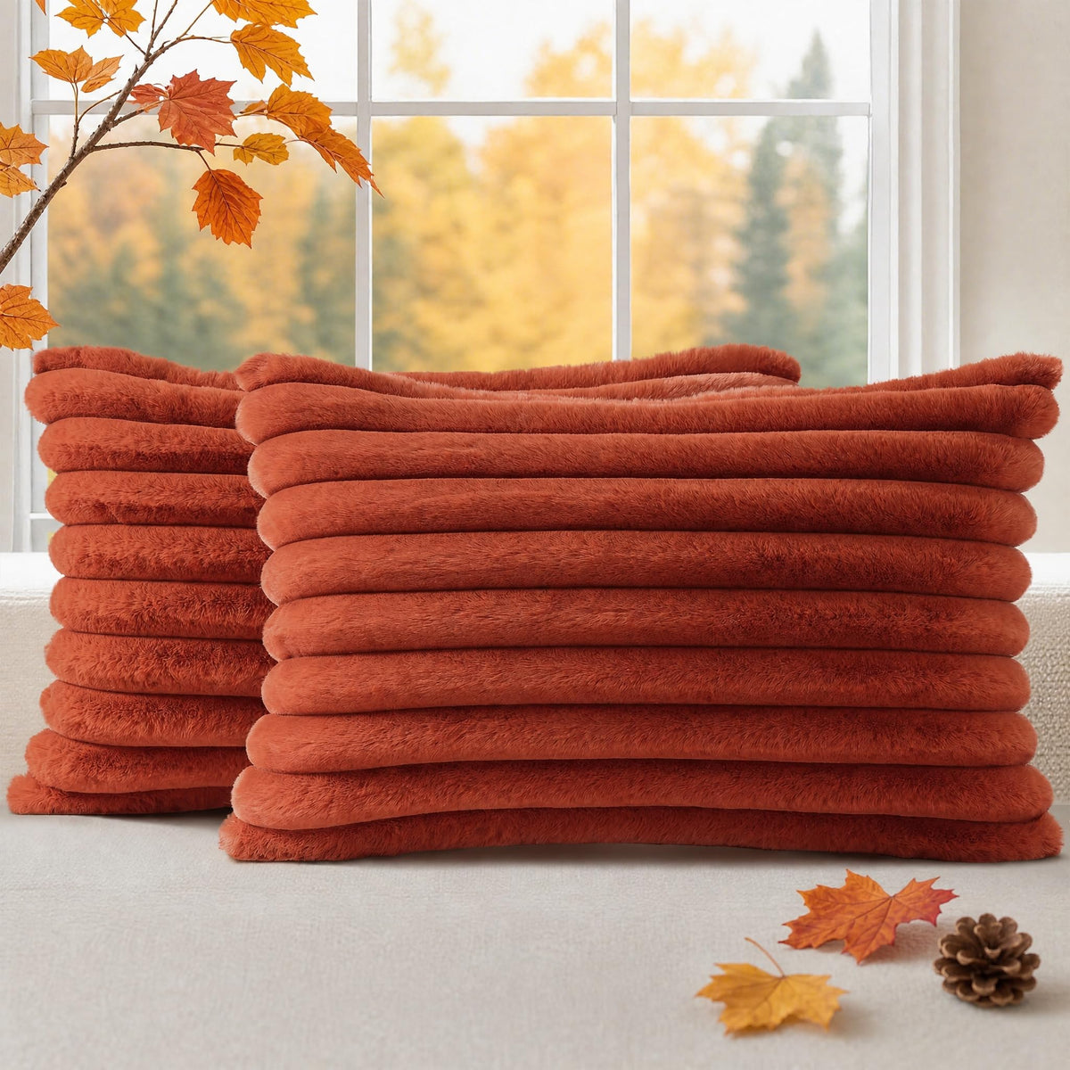 decorUhome Fall Faux Fur Throw Pillow Covers 18x18 Set of 2 Rust