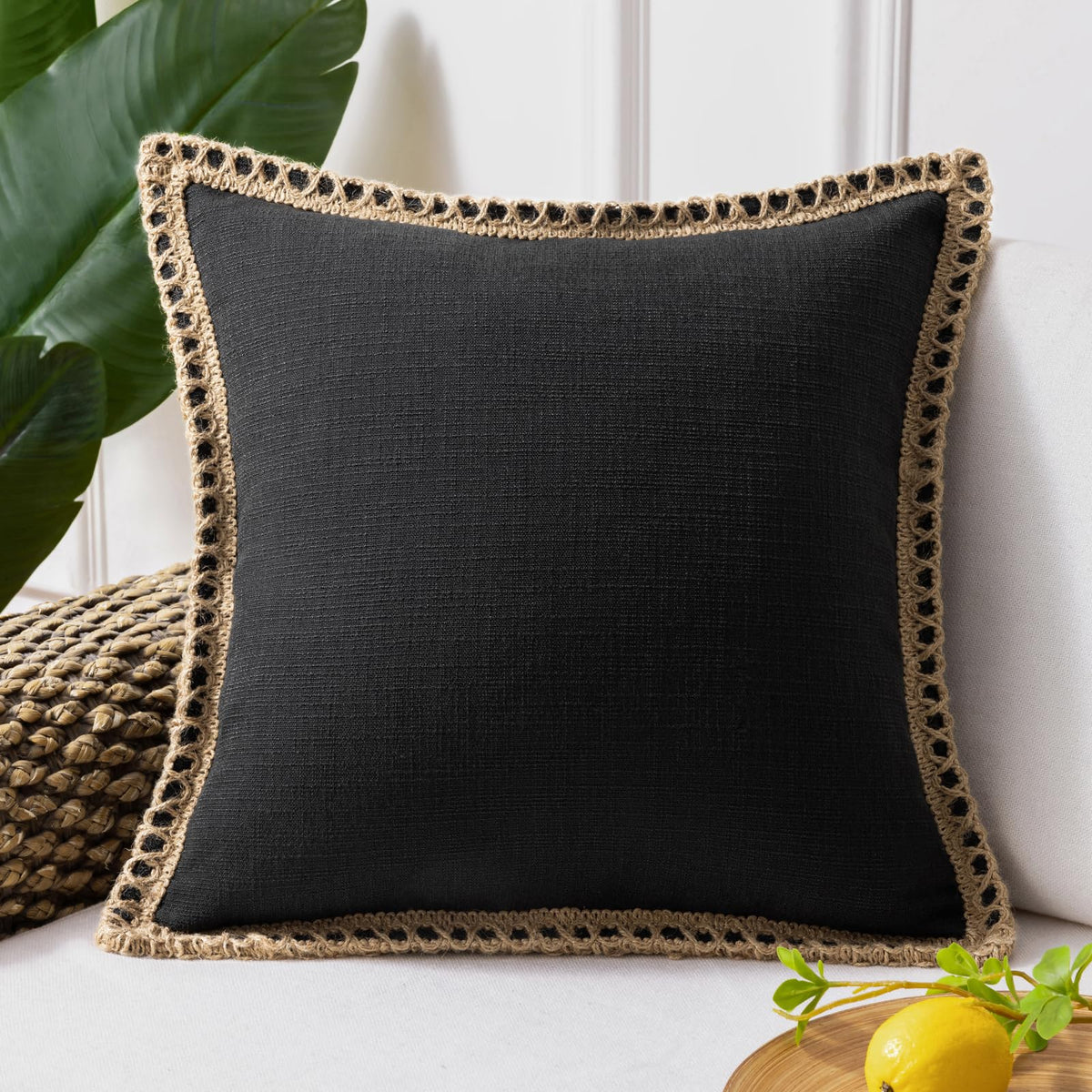 Phantoscope Pack of 2 Farmhouse Decorative Solid Throw Decorative Pillow Cover Burlap Linen Trimmed Tailored Edges Navy Blue 18 x 18 inches, 45 x 45 cm