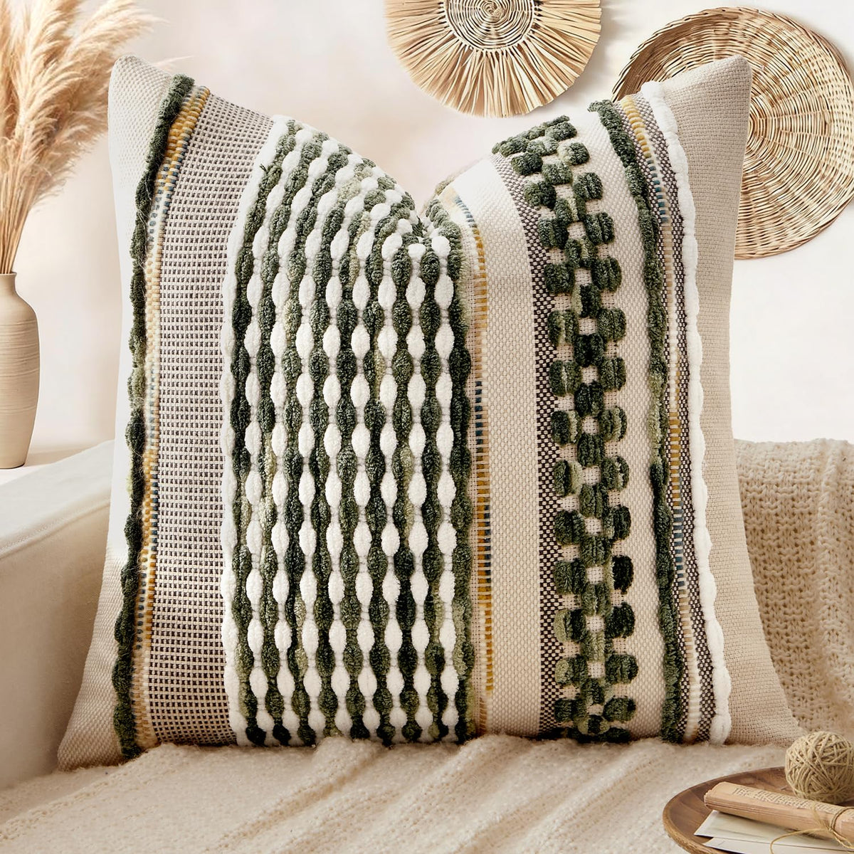 ANRODUO Boho Decorative Pillow Covers Olive Green Stripe 18x18 Pack of 2