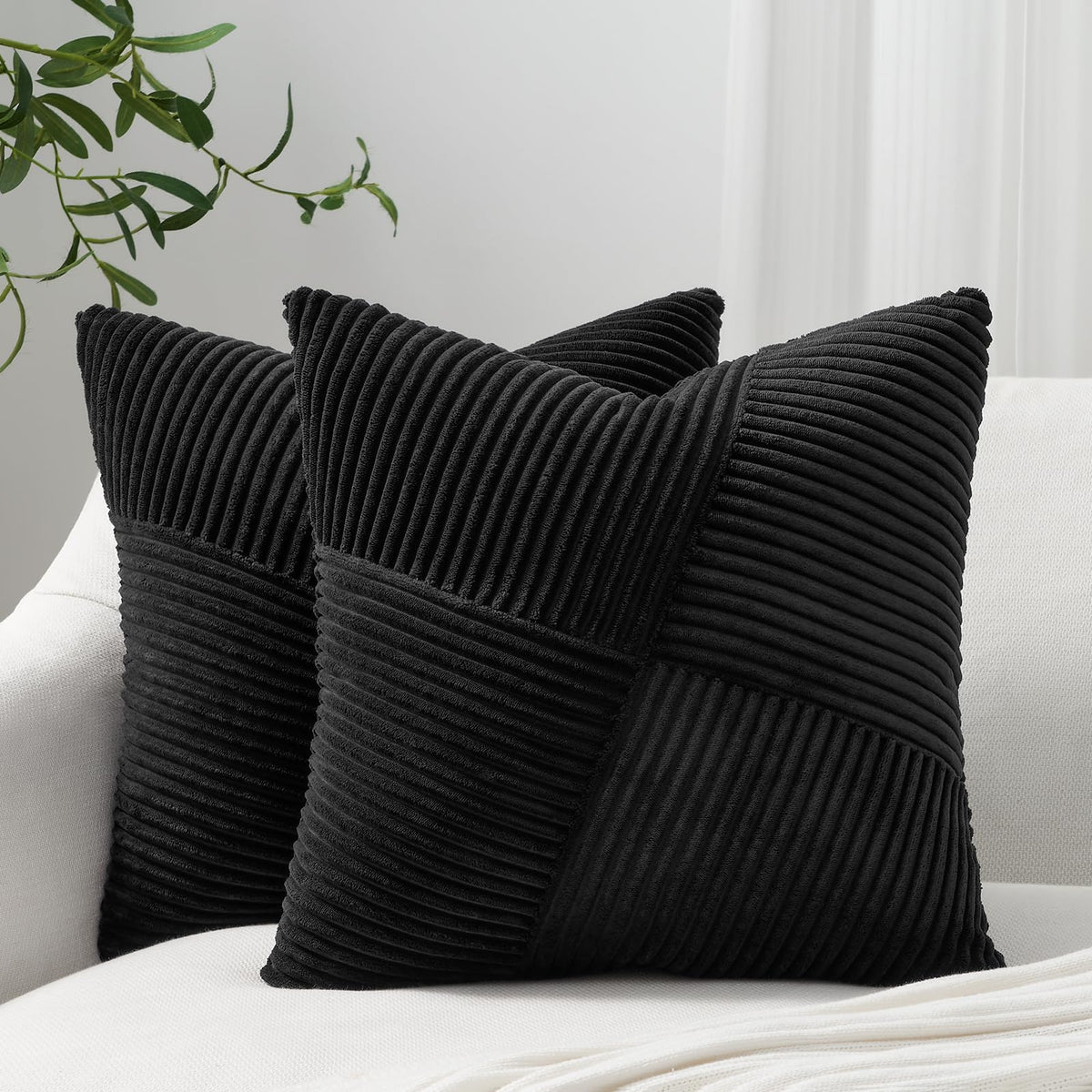Topfinel Olive Green Decorative Throw Pillow Covers Set of 2 18x18 Inches for Couch Bed Sofa, Boho Aesthetic Home Decor, Soft Corduroy Striped Patchwork Windmill Textured Cushion Cases 45x45 cm