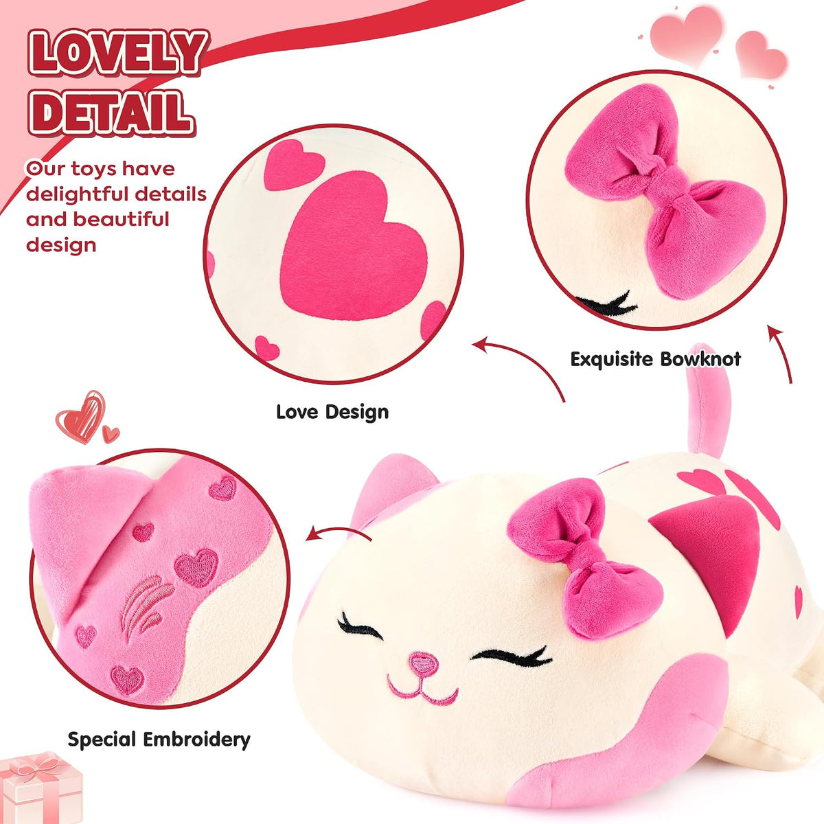 Onsoyours Original Cat Plush with Bowknot Cute Kitten Stuffed Animal Soft Pillow Pink Kawaii Kitty Heart Plush Toy Gifts for Kids & Adults (Pink Cat, 9")