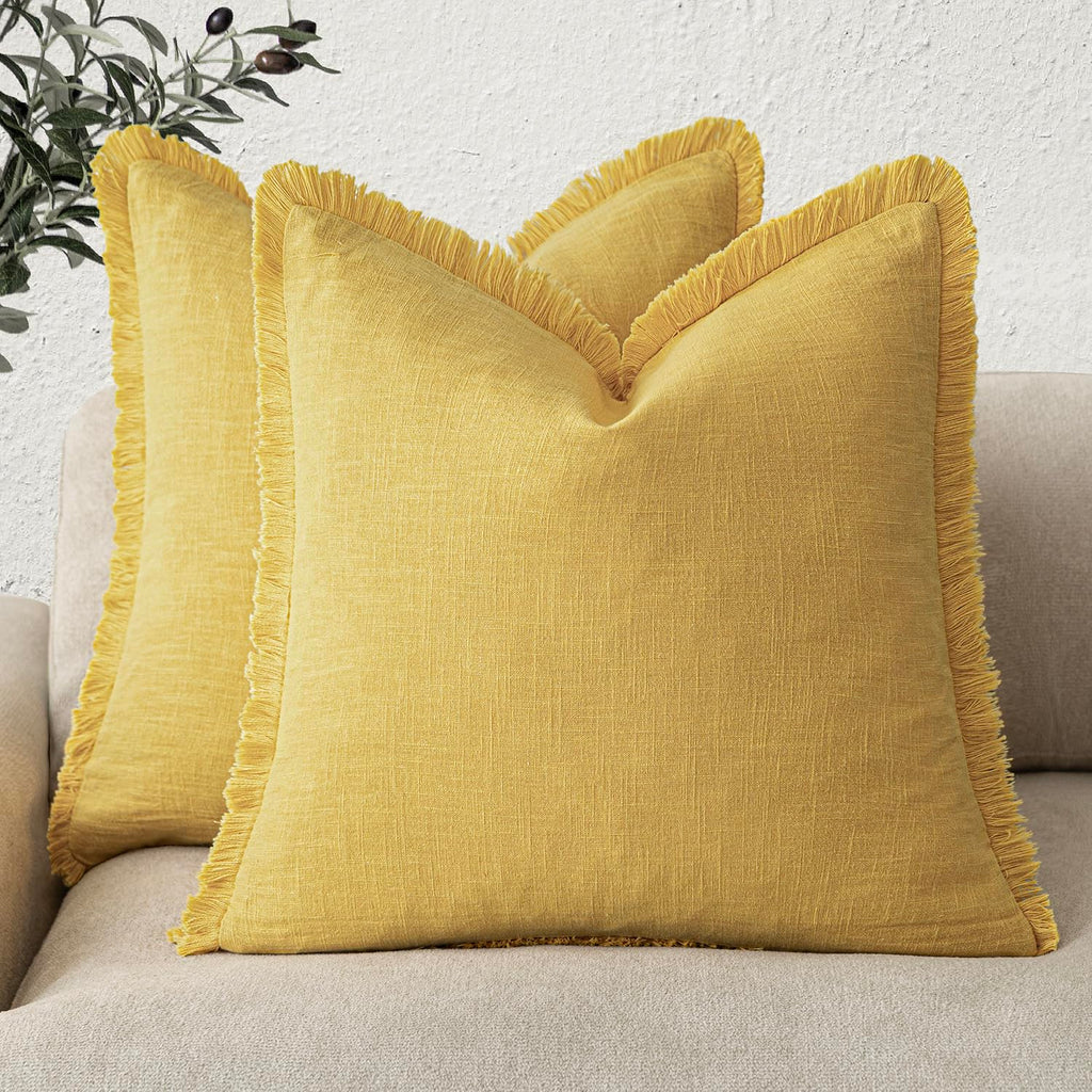 Foindtower Decorative Linen Fringe Throw Pillow Covers 20×20 Inch,Beige