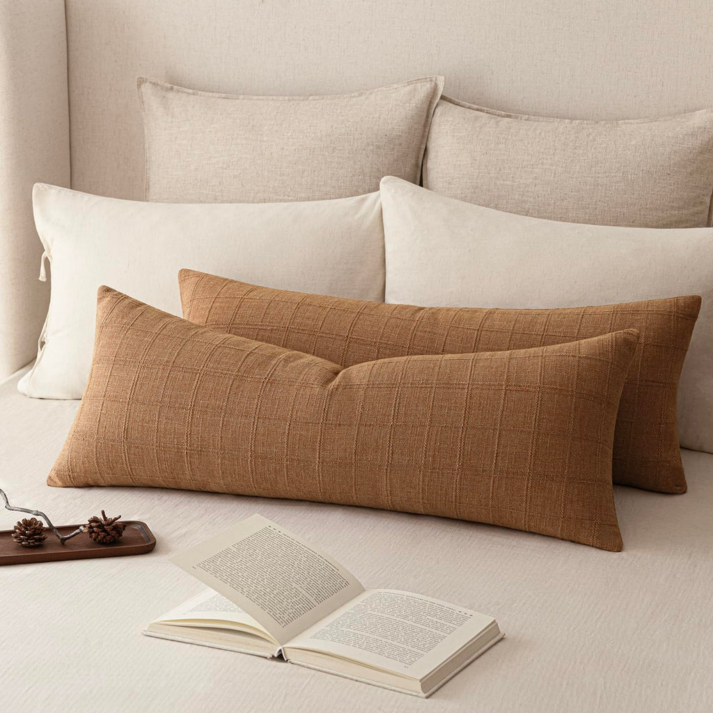 Foindtower Boho Linen Check Decorative Throw Pillow Cover 20×20 Olive Green