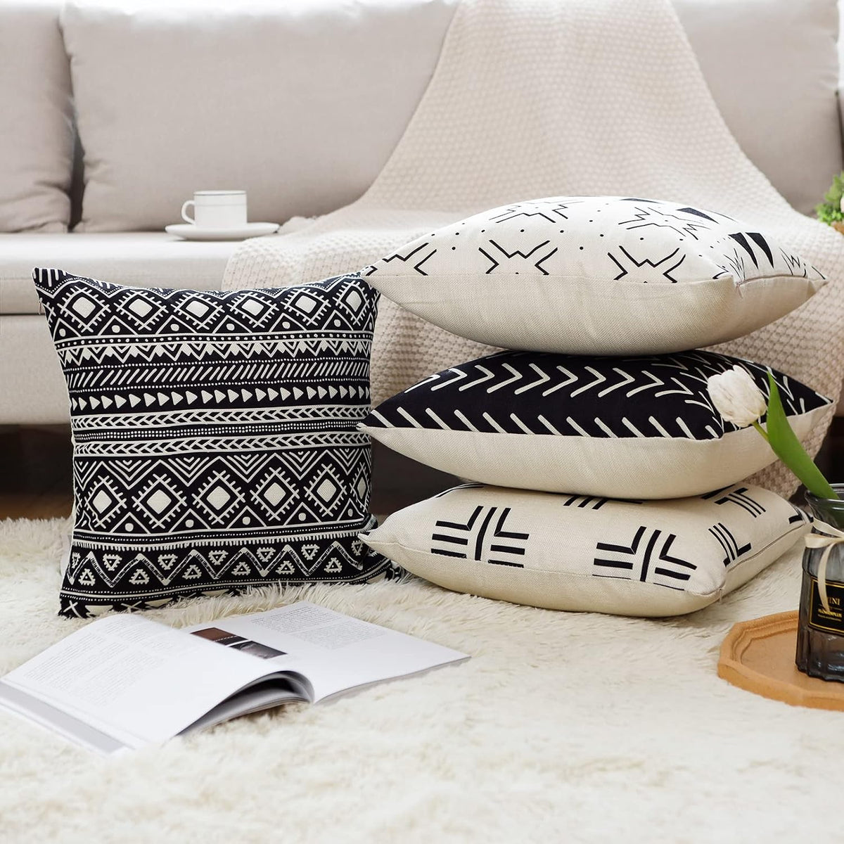 Aoomzoon Pillow Covers 18x18 Set of 4, Modern Boho Geometric Decorative Throw Pillow Covers, Cotton Linen Home Decor Cushion Cover for Couch Sofa Living Room Outdoor Car (18”x18”, Black)